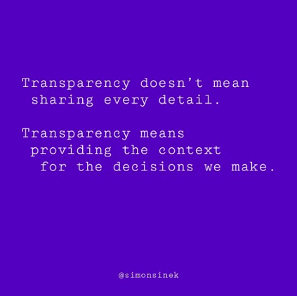 Purple background with white text showing a quote about transparency attributed to Simon Sinek.