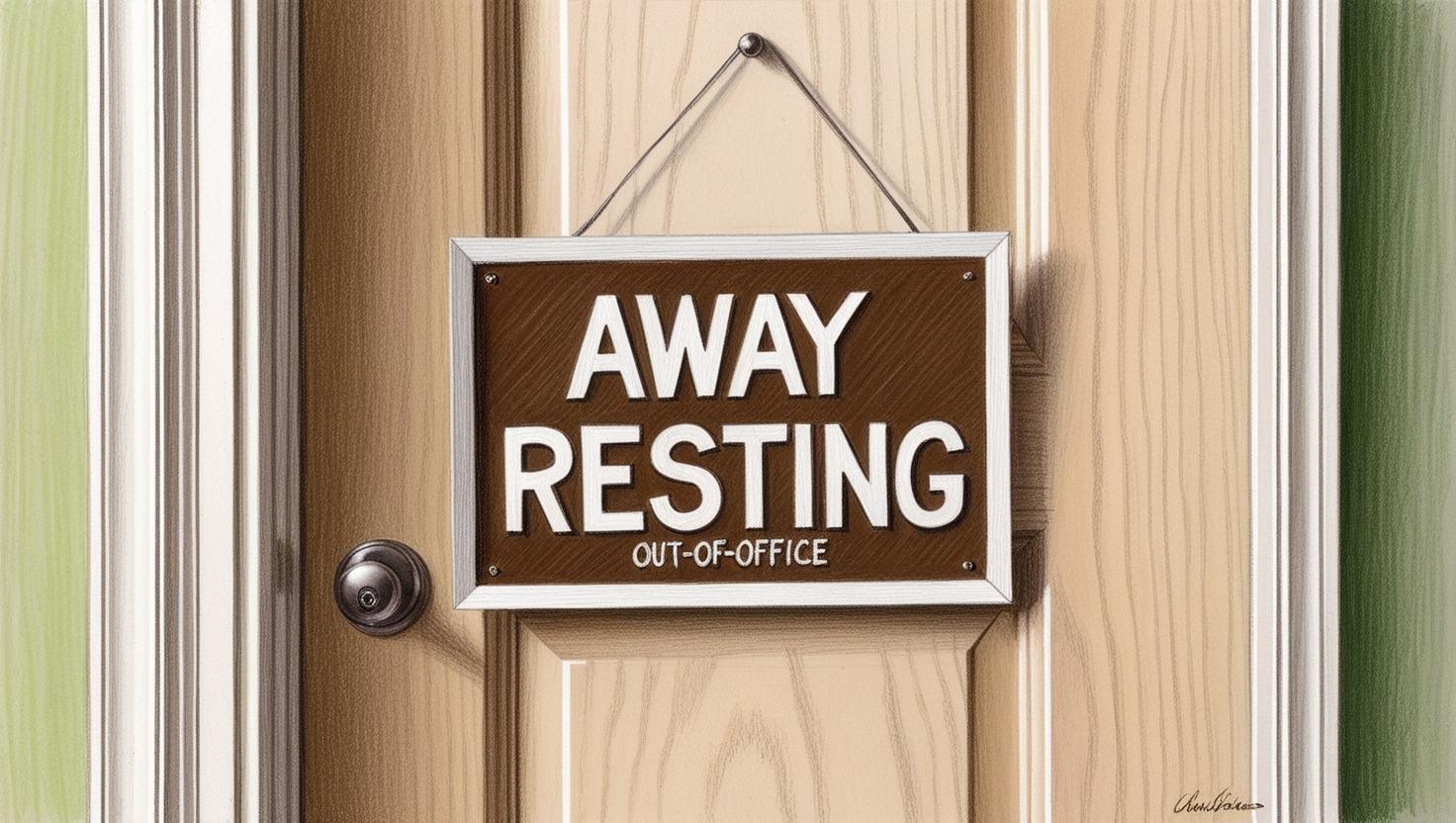 A wooden door with a hanging sign that reads ‘AWAY RESTING OUT‑OF‑OFFICE.