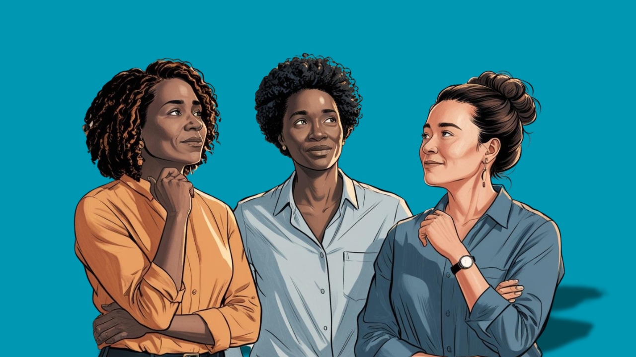 Three animated women standing against a turquoise background, appearing to talk together.