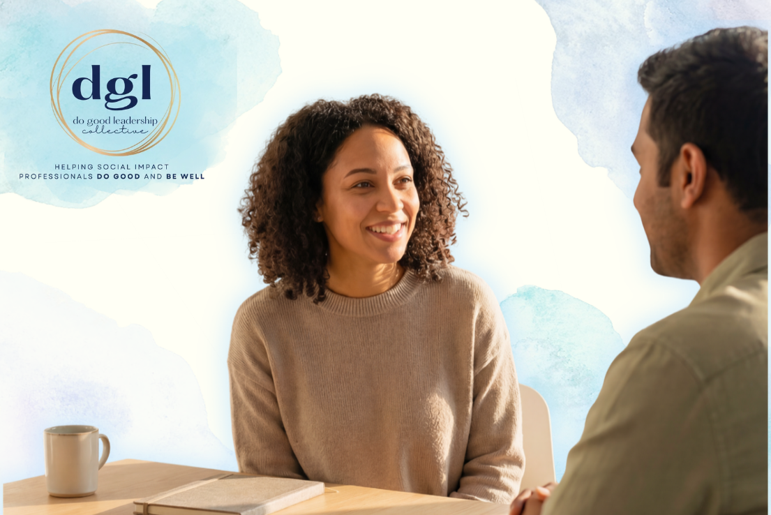 A woman with curly hire sitting at a table smiling at a man. Background includes blue and purple water colors and Do Good Leadership Collective's logo.