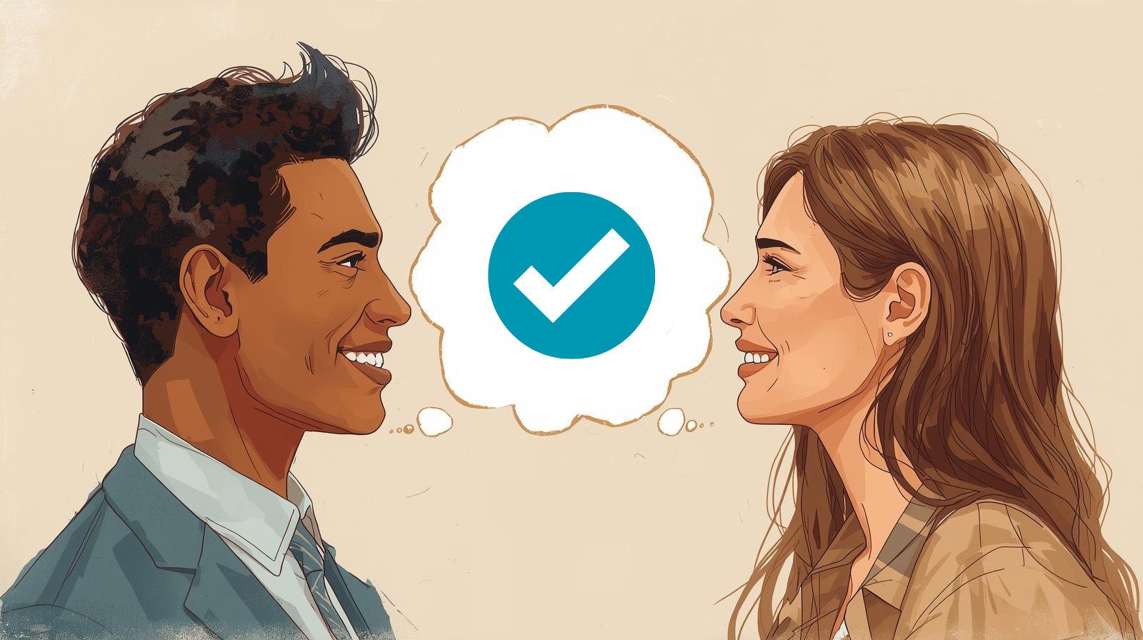 Two people facing each other and smiling, with a shared thought bubble between them containing a blue circle and white checkmark.