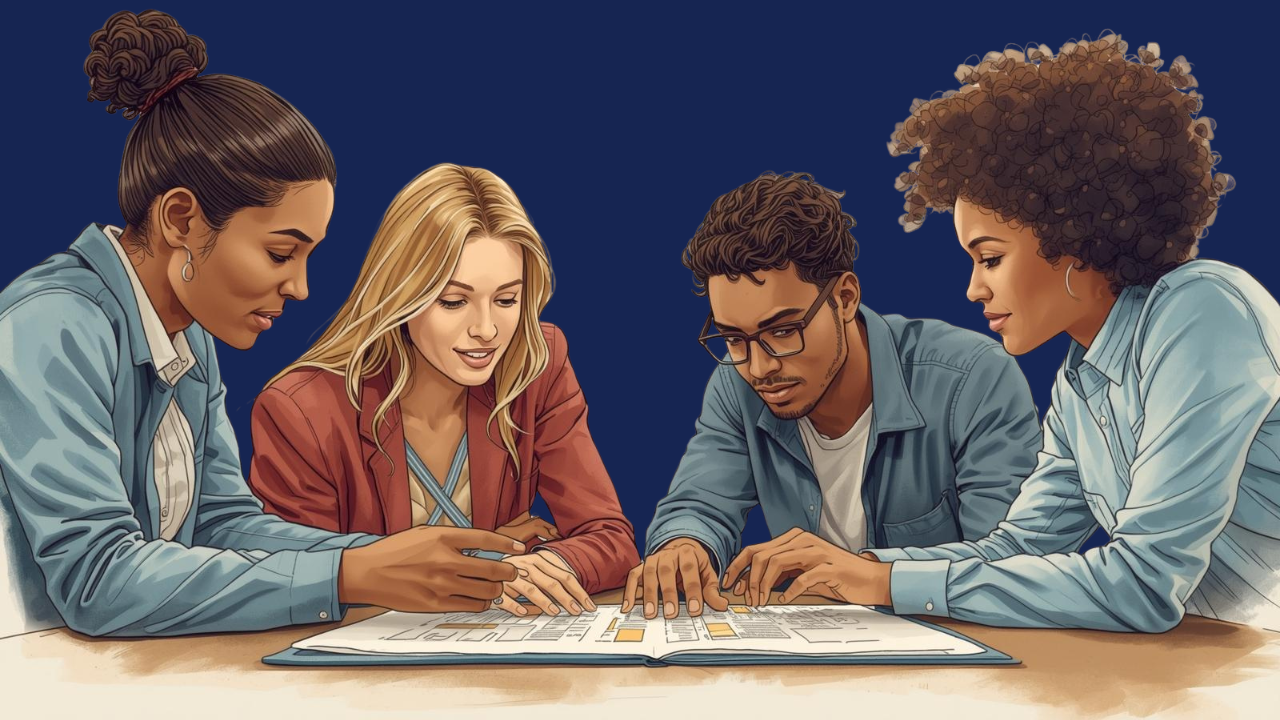 Four animated people sitting around a table looking at a document together.