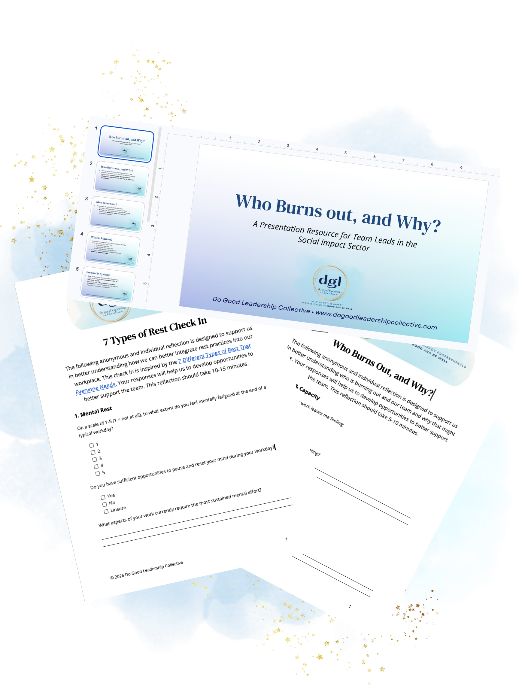Printed documents and a presentation slide titled ‘Who Burns Out, and Why?’ displayed on a light blue background with gold speckles, including a visible worksheet titled ‘7 Types of Rest Check In.’