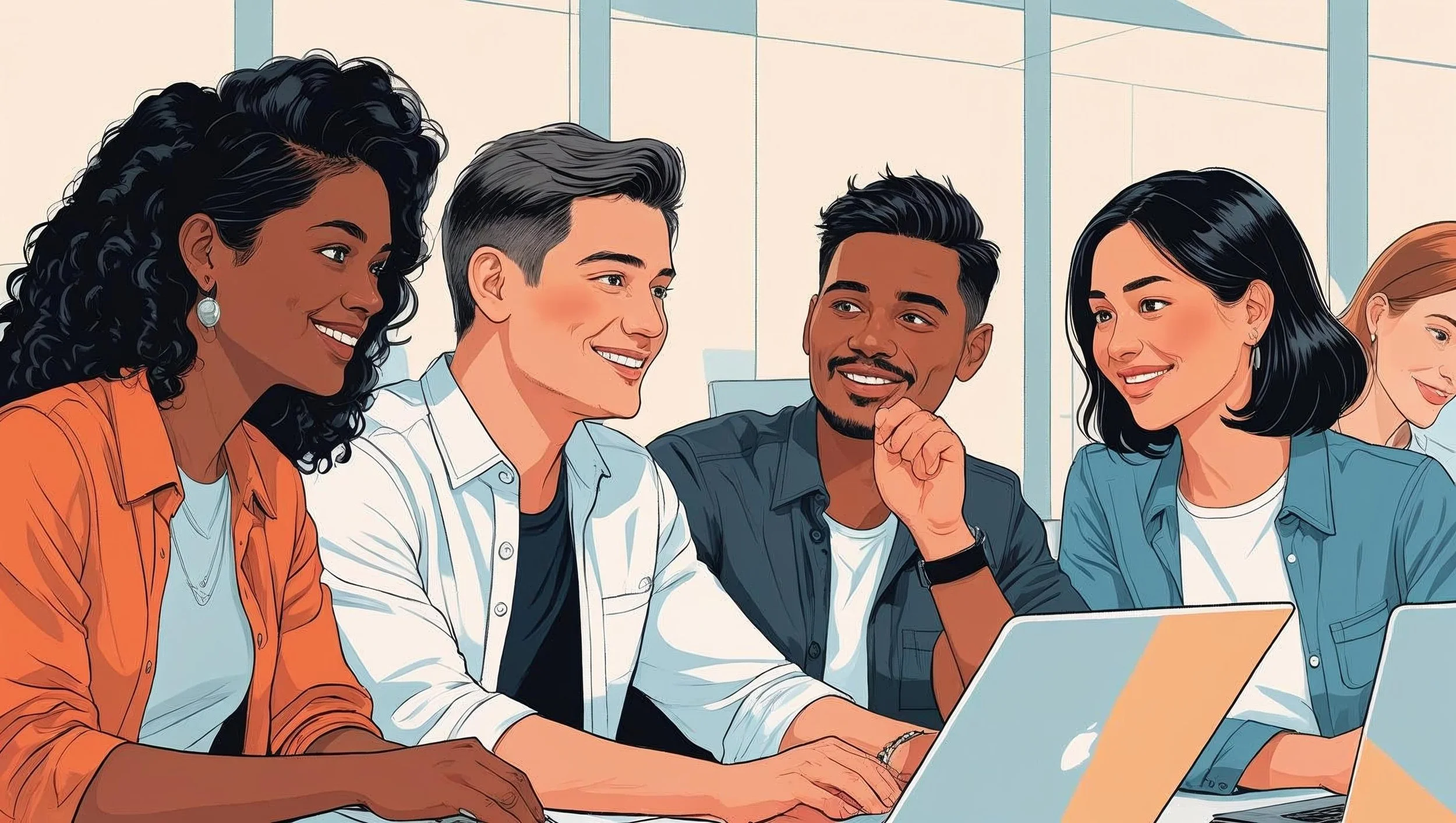 People sitting together at a table, talking and smiling while looking at a laptop.