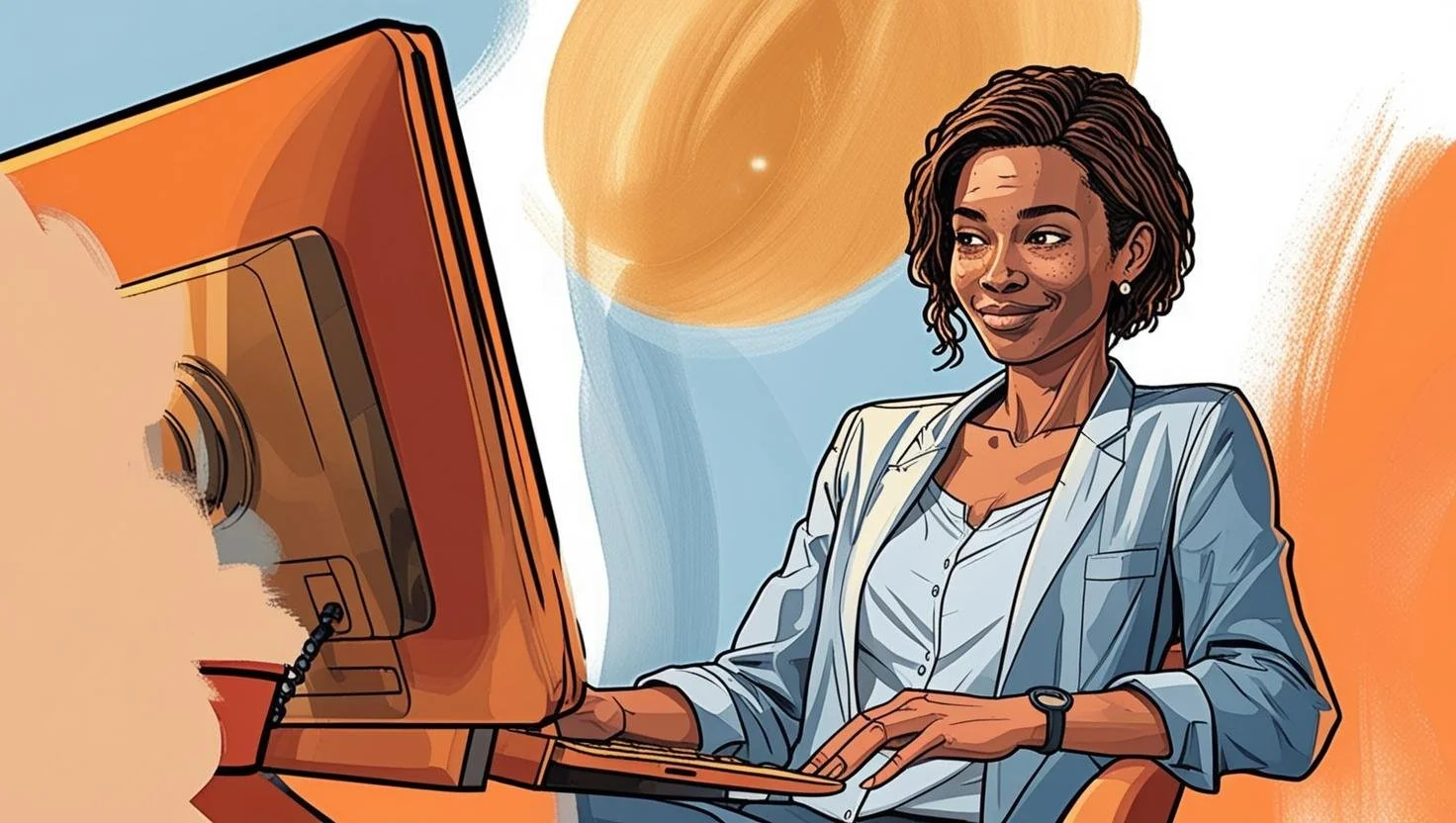 A person wearing a light blue blazer sitting at a desk and working on an orange computer