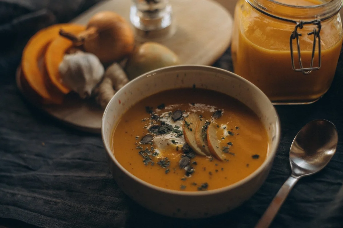 Essen im Wochenbett als Geschenkidee zur Geburt, über die sich jede Mama freuen wird. Kürbissuppe mit Apfel und Ingwer in Vorratsgläsern