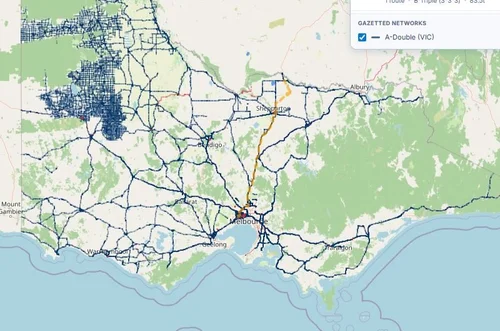 AccrediRoad Live Permit Mapping showing gazetted A-Double network