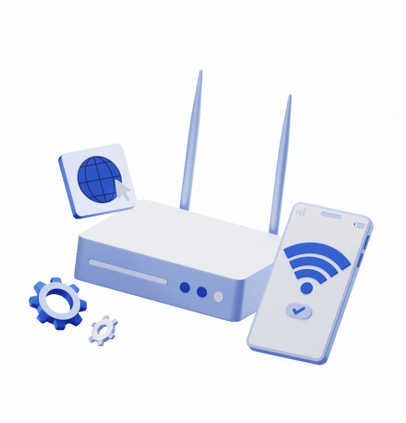 Illustration of a Wi-Fi router with antennas, a smartphone showing a Wi-Fi signal icon, a gear symbol, and an internet globe icon.