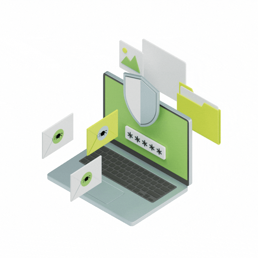 Isometric illustration of a laptop with a green screen displaying a password field. A shield icon is on the screen, indicating security. Envelopes with bug icons suggest email threats. Folders and a file icon are shown floating around.