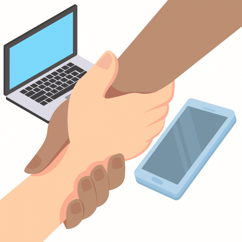 Illustration of a handshake with a laptop and smartphone nearby.