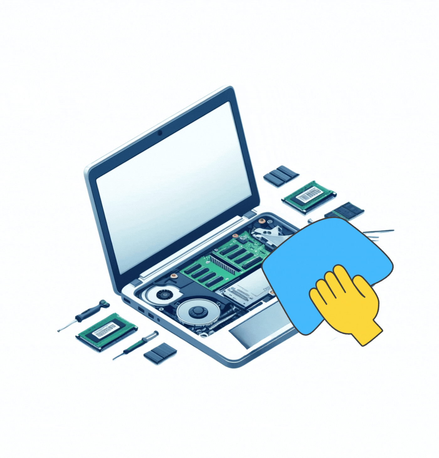 Illustration of a laptop in exploded view, showing internal components like RAM, CPU, hard drive, cooling fan, and motherboard; a hand icon is wiping the screen.