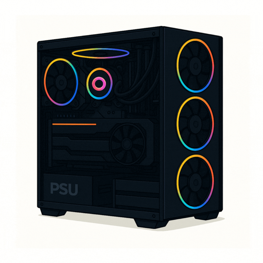 A black gaming computer case with RGB lighting on its fans and components.