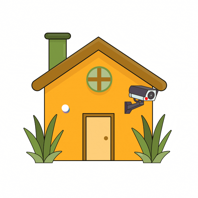 Illustration of a small yellow house with a brown roof and green chimney, featuring a round window, a rectangular door, security camera, and two plants.