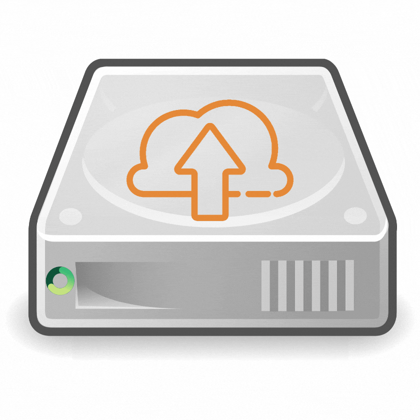 Illustration of a hard drive with an orange cloud upload icon.