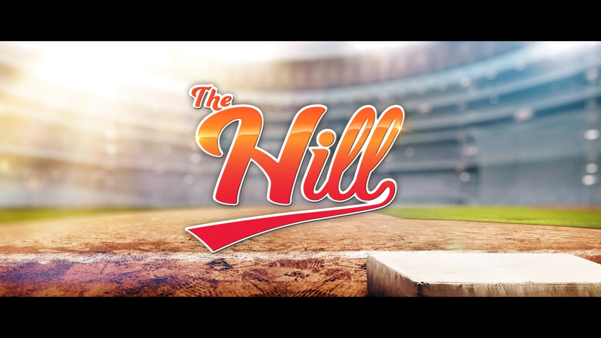 The title "The Hit" displayed over a baseball stadium background with sunlight shining through.