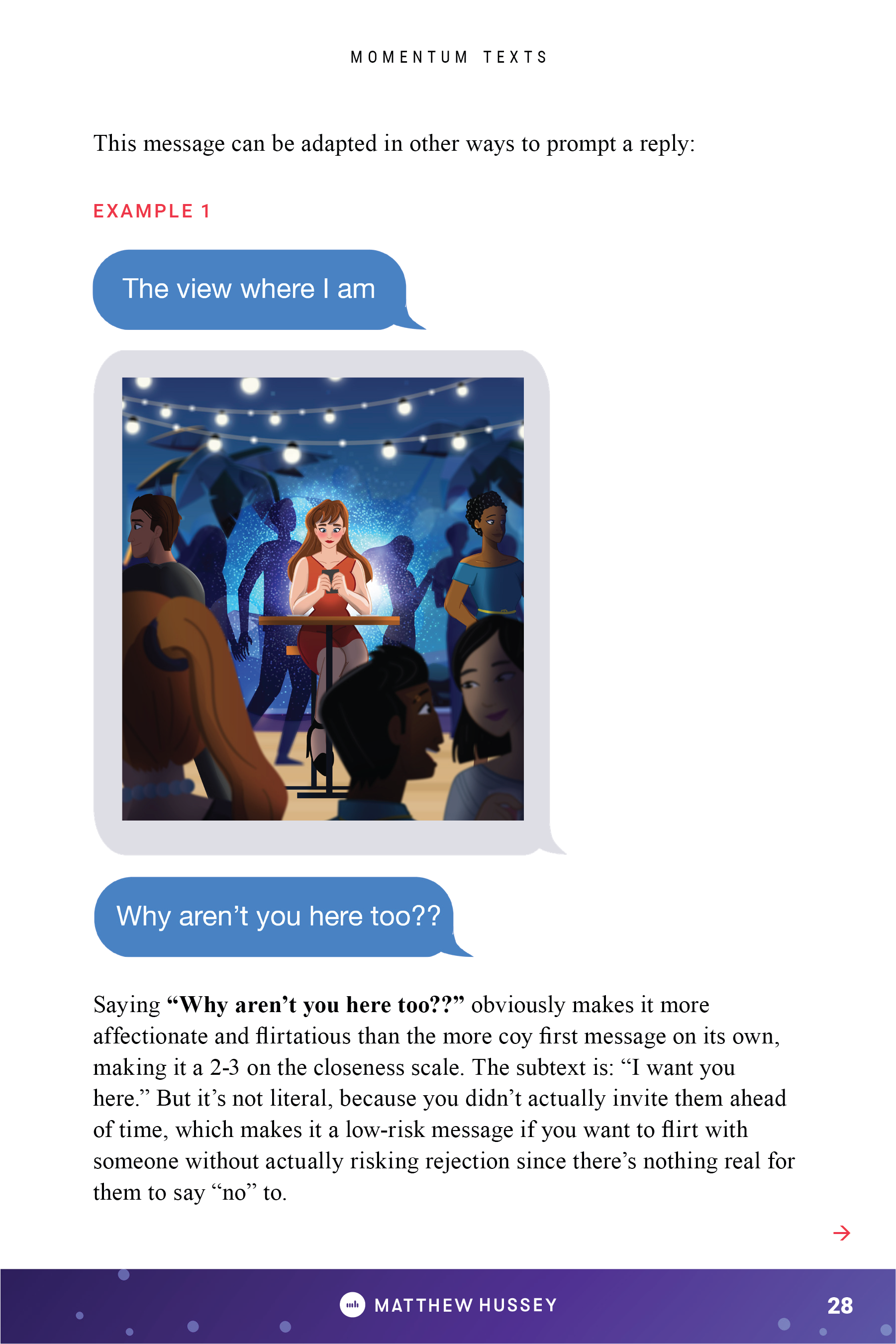 Illustration of a social scene at night with string lights overhead. A young woman with red hair is sitting at a table, looking at her phone. Several other people are standing and talking in the background, and silhouettes of other individuals are vi