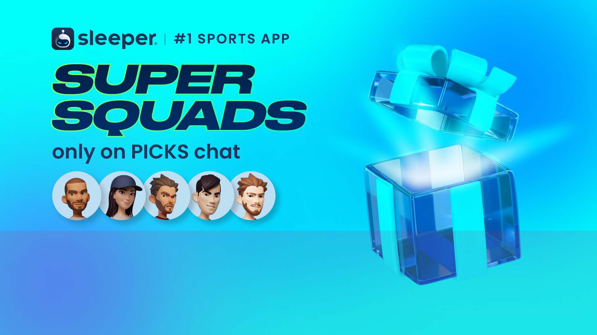 Blue promotional banner for Sleeper app featuring cartoon avatars of five diverse sports enthusiasts and animated cubes, advertising a chat feature only on PICKS chat.