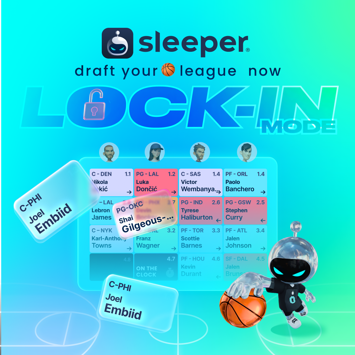 A digital graphic promoting a basketball fantasy league from Sleeper app called LOCK-IN MODE, featuring a colorful background with a cartoon robot holding a basketball, and various player cards with names like Luka Dončić and Joel Embiid.