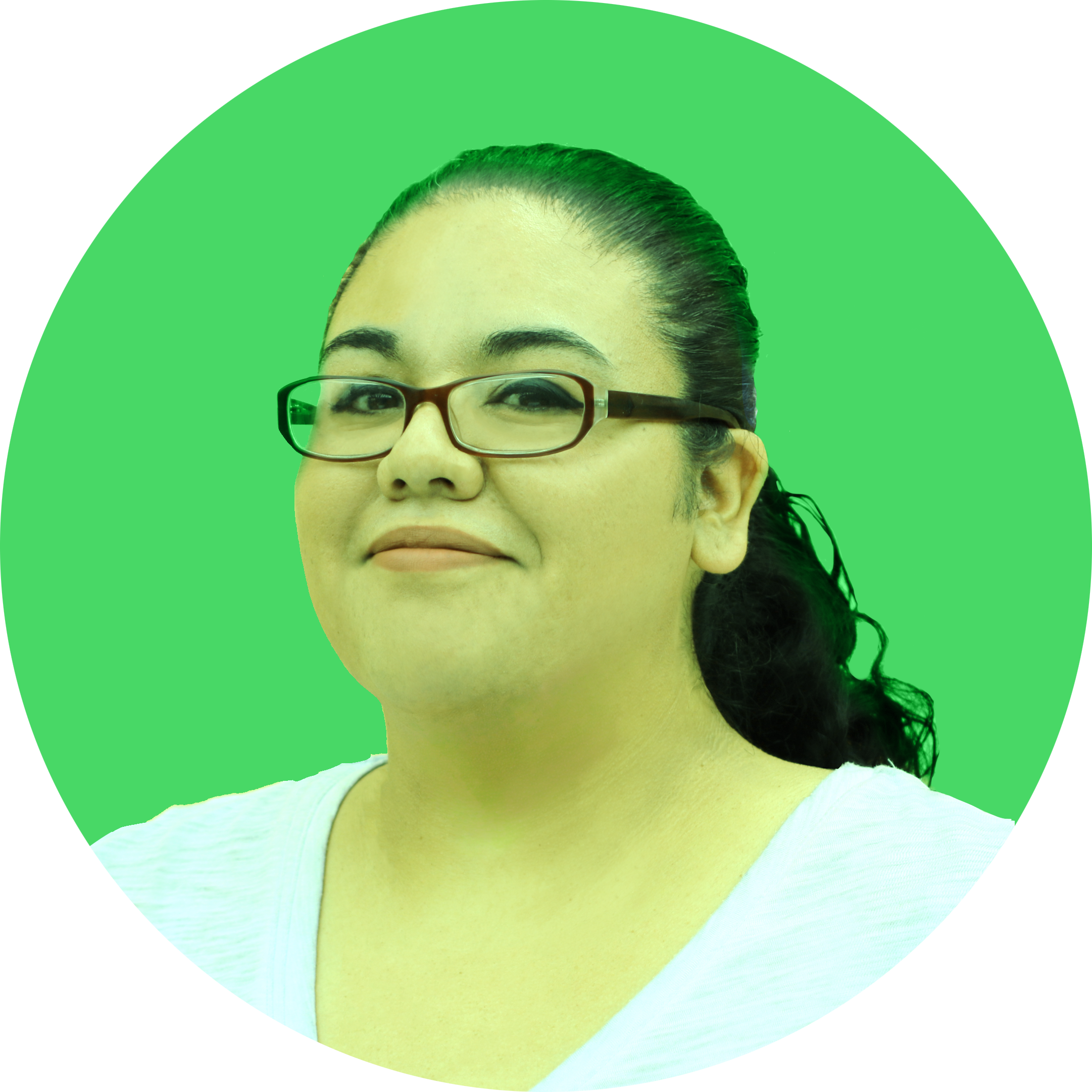 Portrait of a woman with dark hair pulled back, wearing glasses and a white top, against a bright green background.