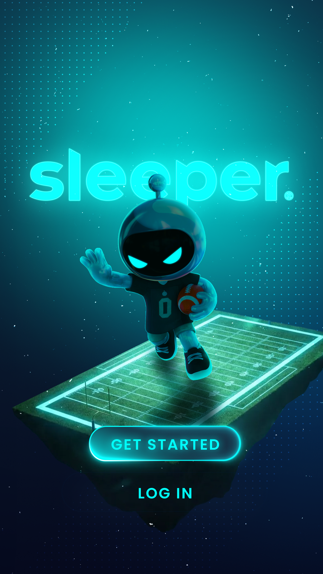 A digital illustration featuring a cartoon robot mascot running on a floating football field with a night sky background. The robot is holding a football, and above it, the word 'sleeper' is illuminated in neon blue. There are two buttons below: 'Get