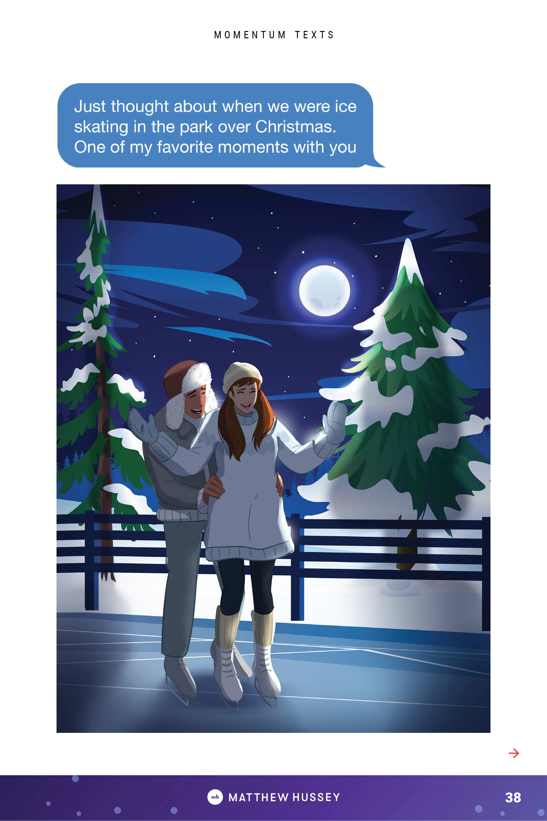 Two people ice skating outdoors at night, surrounded by snow-covered trees, under a full moon, with a quote about winter memory in a speech bubble.