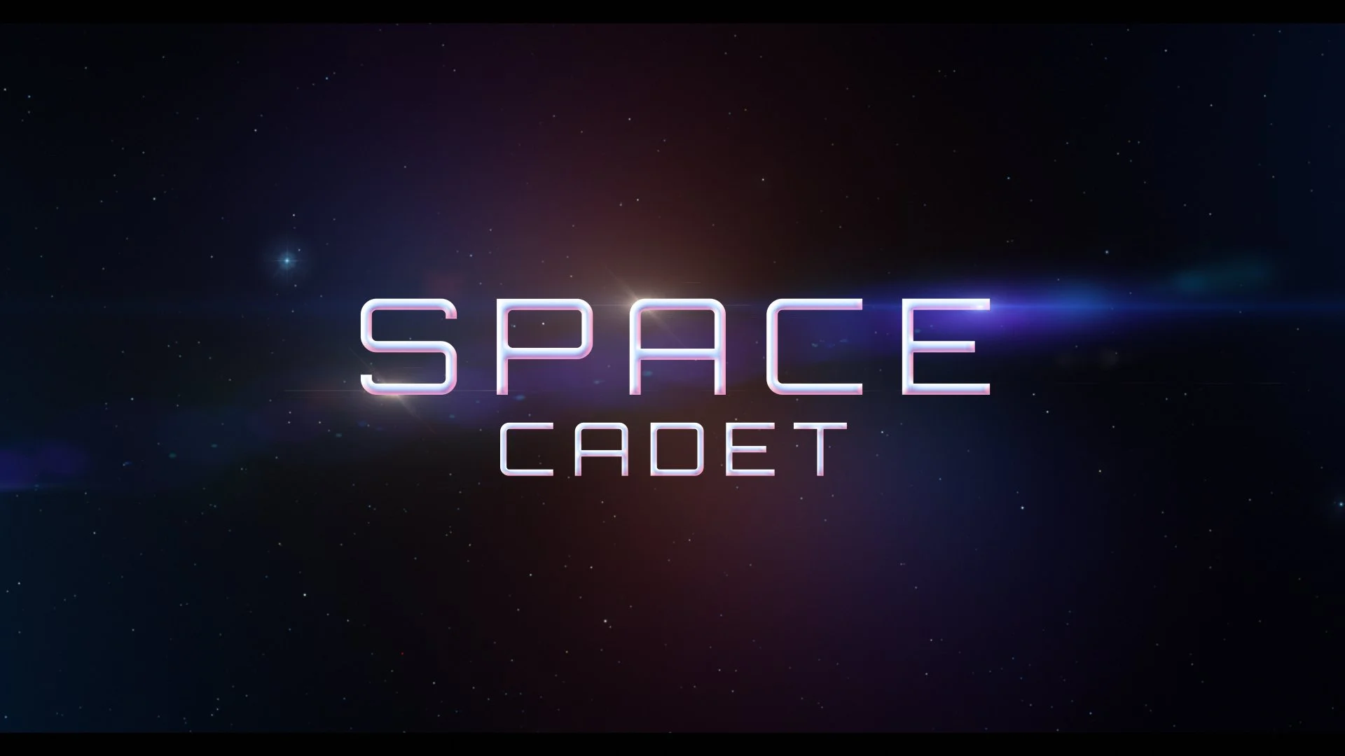 Title screen with the words 'Space Cadet' in glowing, futuristic font against a starry space background.