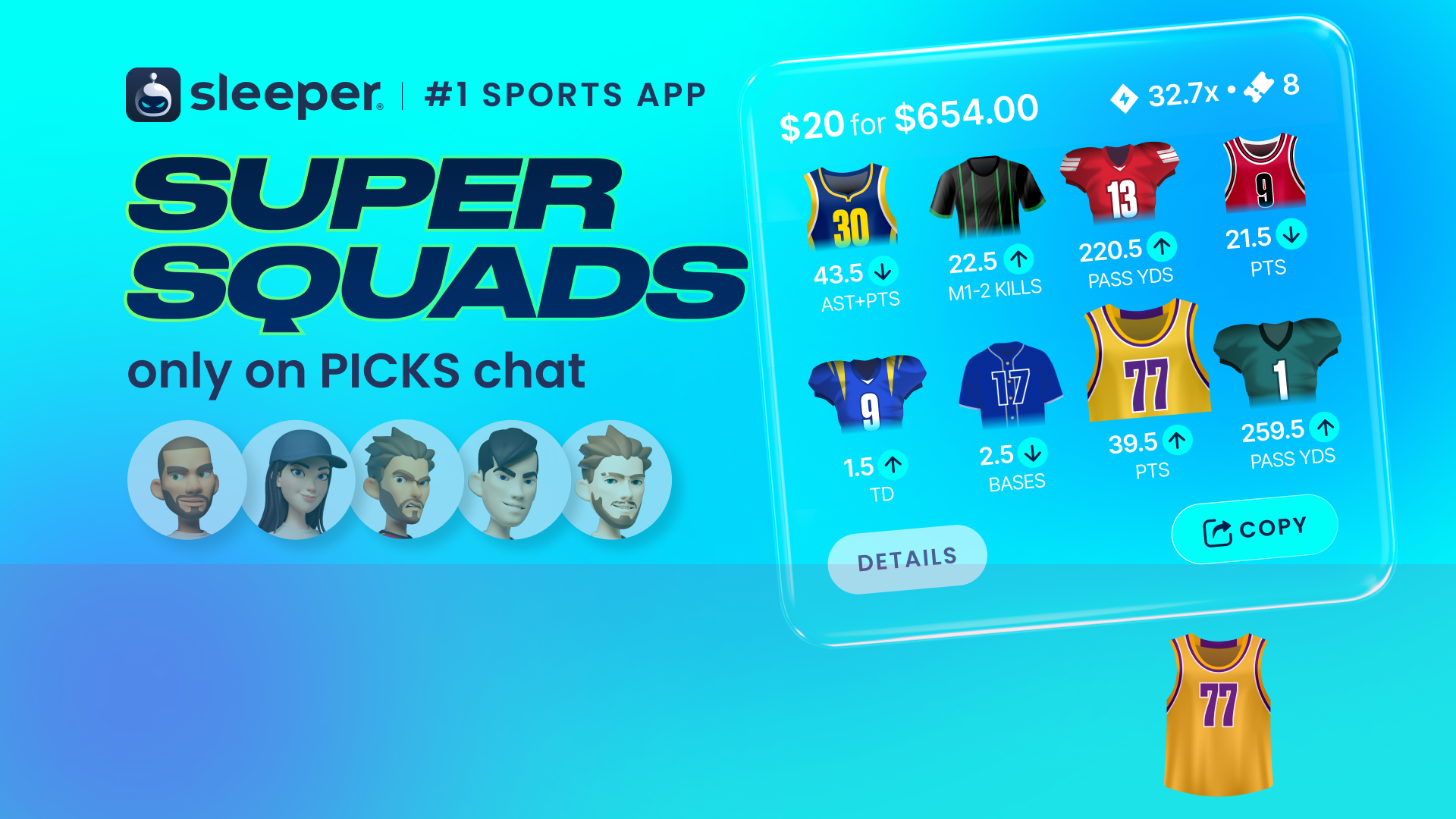 Advertisement for Sleeper app featuring fantasy sports team called Super Squads with cartoon avatars of five players, and a screenshot of player stats and prices.