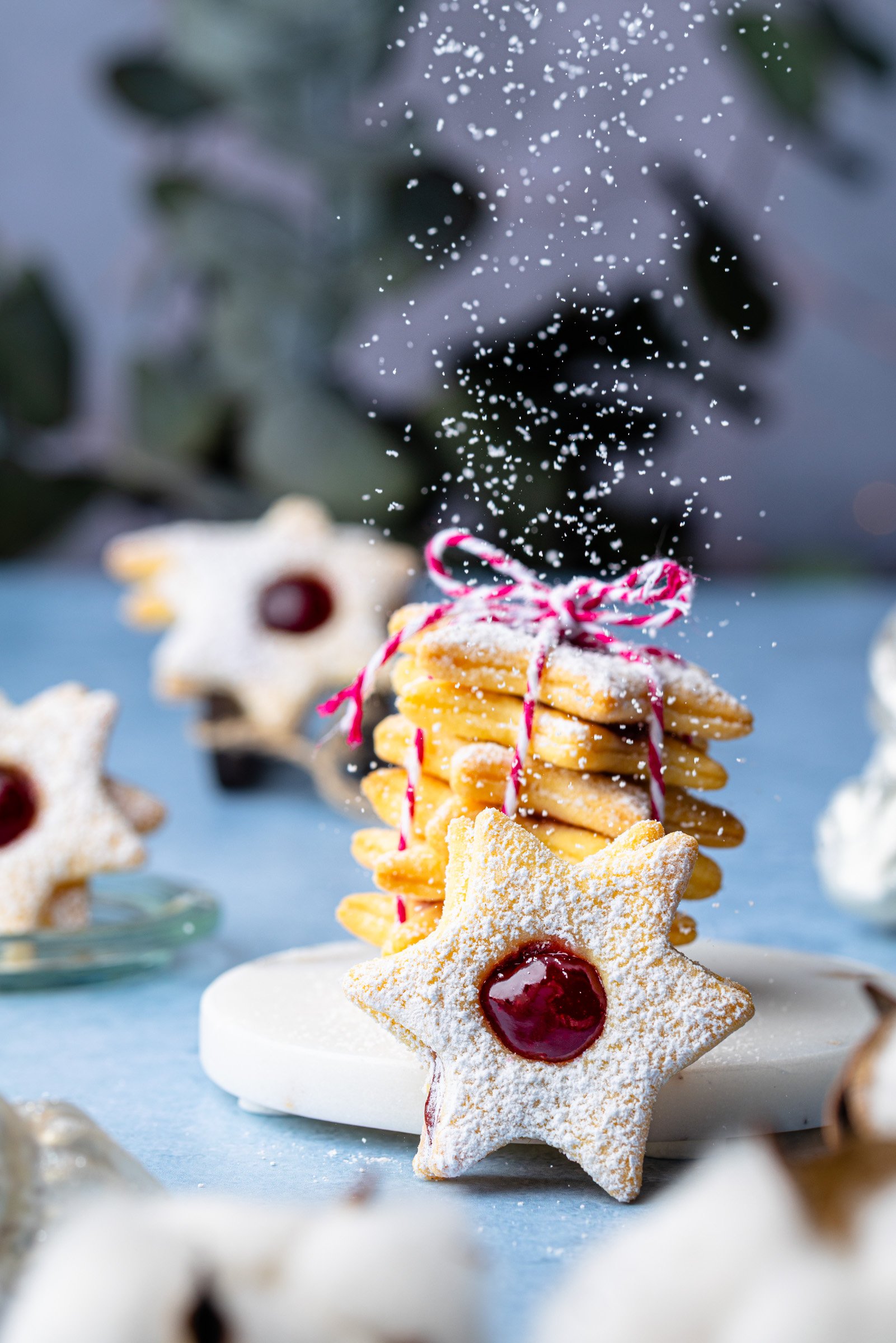 Ausgestellte Weihnachtsplätzchen, darunter ein Sternkeks mit roter Marmelade, mit Mehl bestäubt, und andere Kekse in Stern- und Tierform, auf einem blauen Hintergrund, mit einem Baum im Hintergrund.