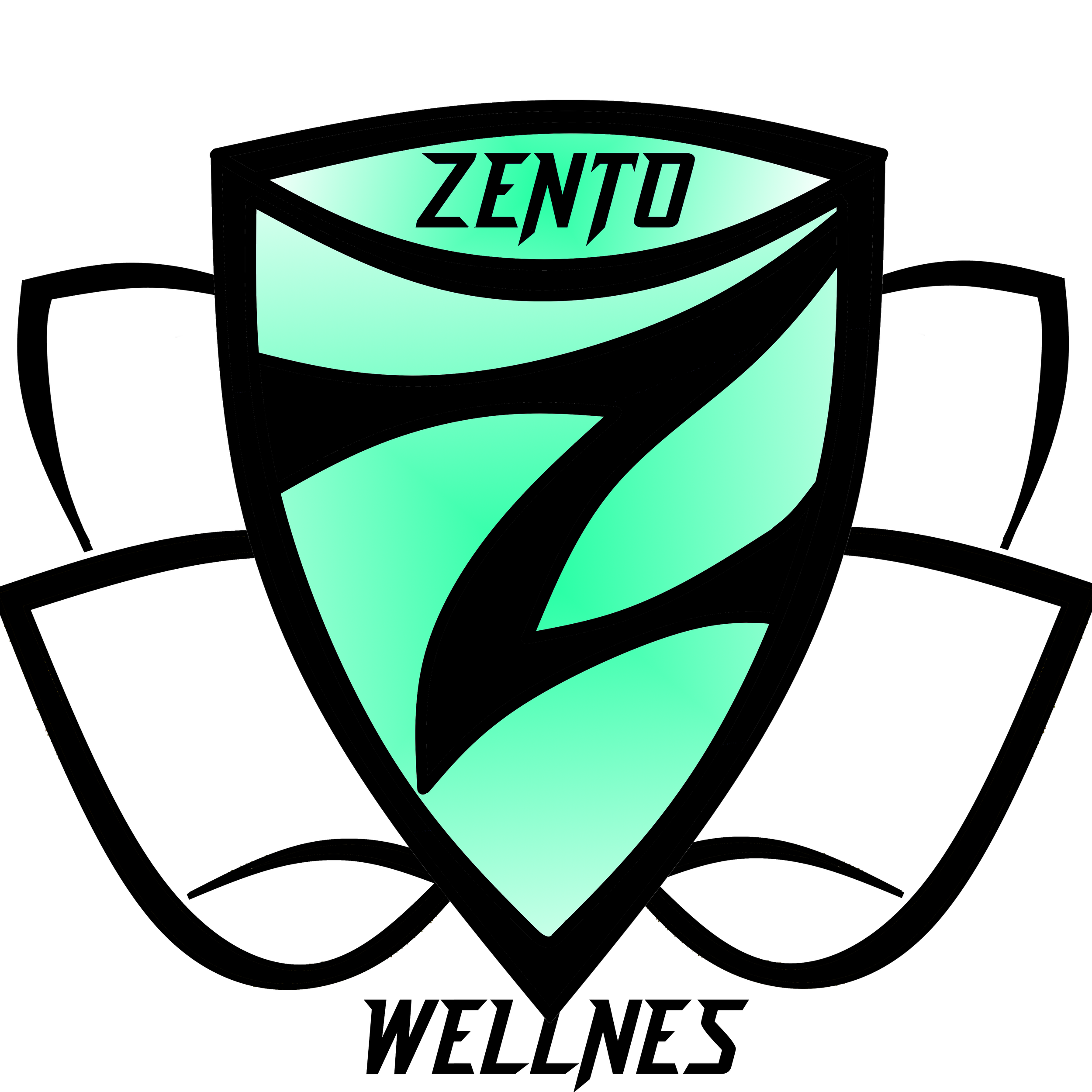 A stylized logo resembling a superhero emblem with the word 'ZENTO' in the center, featuring a glowing turquoise background and black outlines.