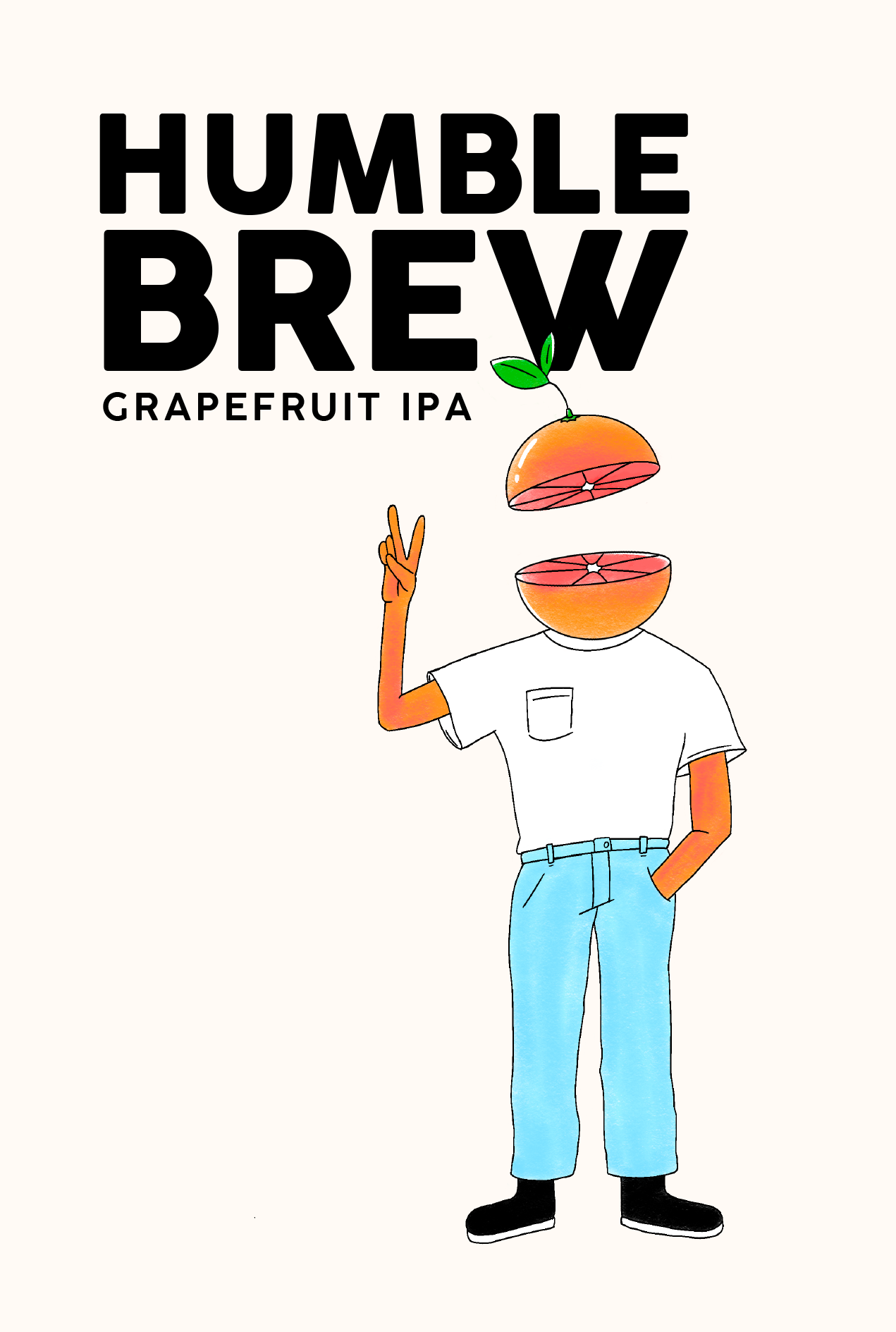 Illustration of a person with a grapefruit for a head, making a peace sign with one hand, and wearing a white t-shirt, blue jeans, and black shoes. The grapefruit head is split open and floating above, showing the inside of the grapefruit. Text reads