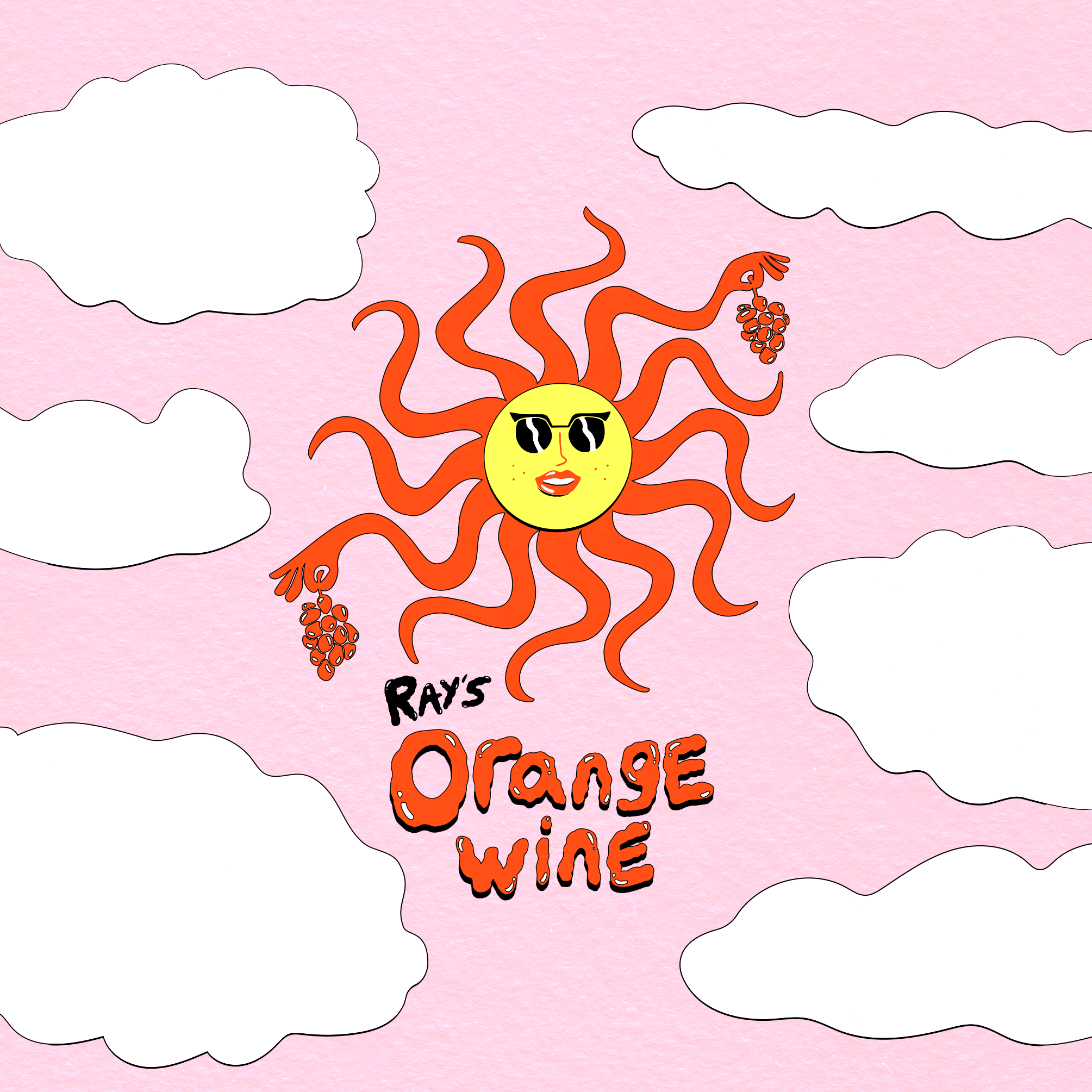 Cartoon illustration of a smiling sun with a human face, wearing sunglasses, surrounded by pink clouds. The sun is holding grapes in each hand. Text below reads "Ray's Orange Wine" in stylized letters.