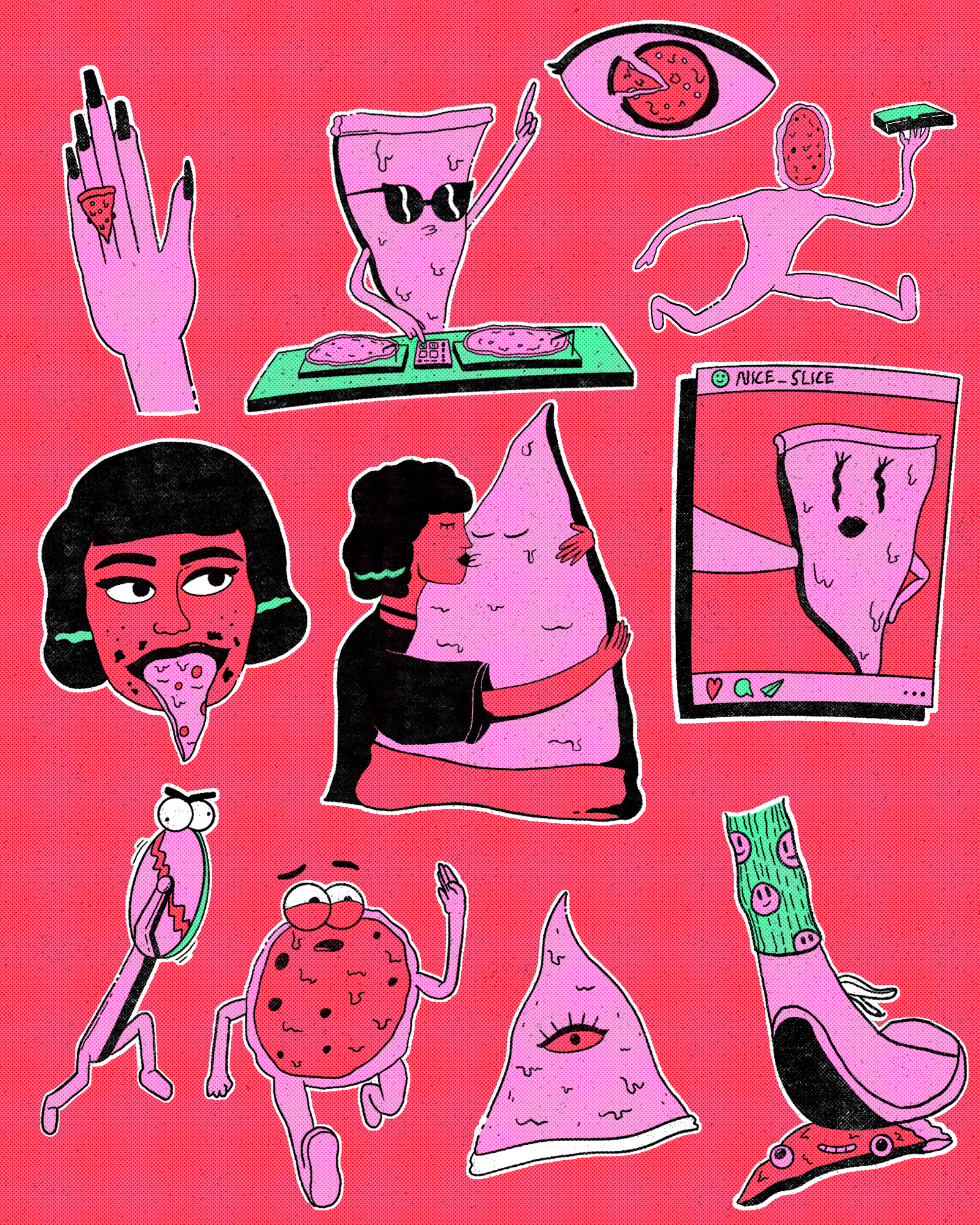 A collection of cartoon-style illustrations of pizza slices and related characters on a pink background, including a pizza slice with sunglasses, a person with a pizza head taking a selfie, a woman kissing a pizza slice, a person roller skating with 
