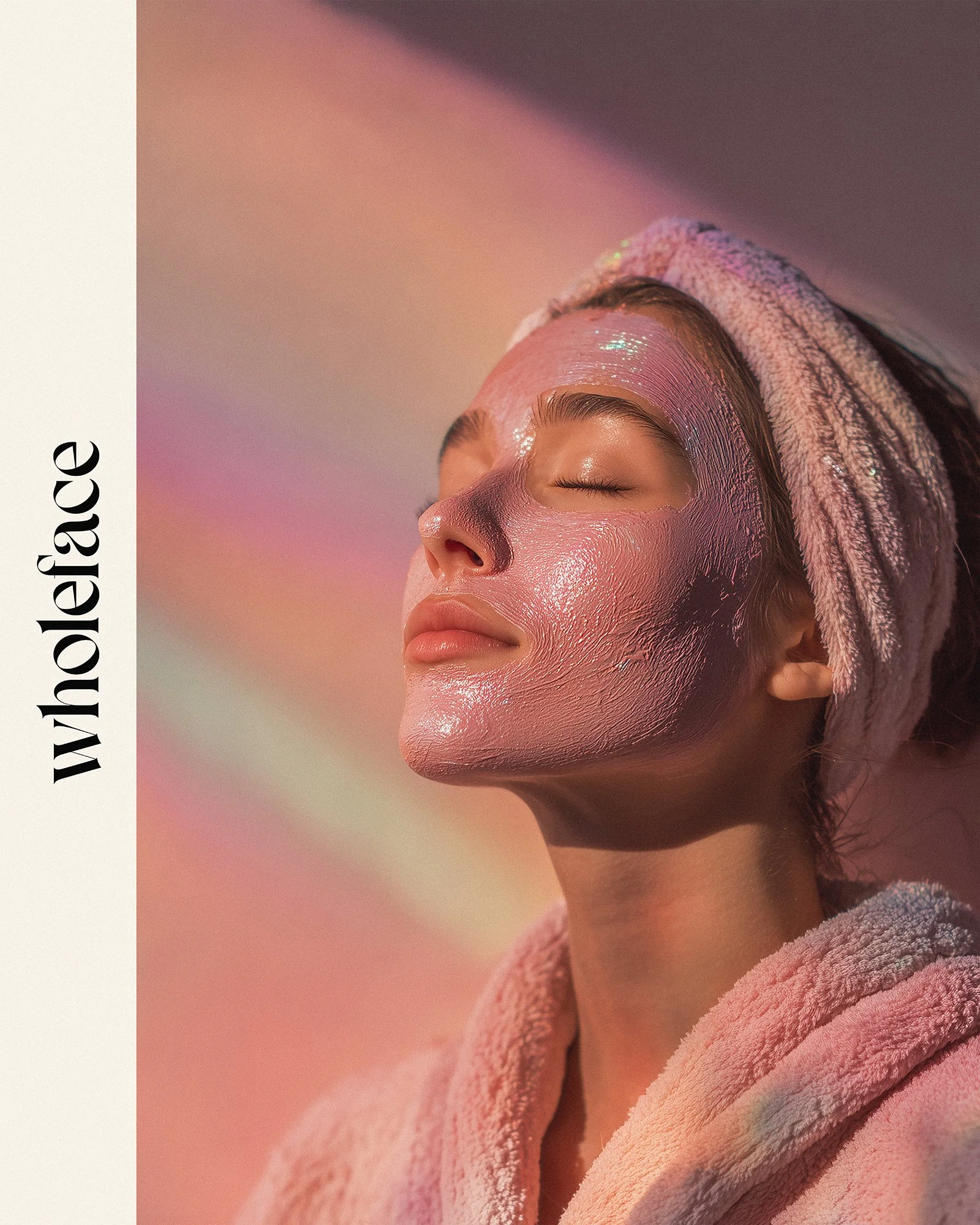 A woman relaxing with her eyes closed, wearing a pink headband and a soft pink hoodie, while having a shiny facial mask applied.