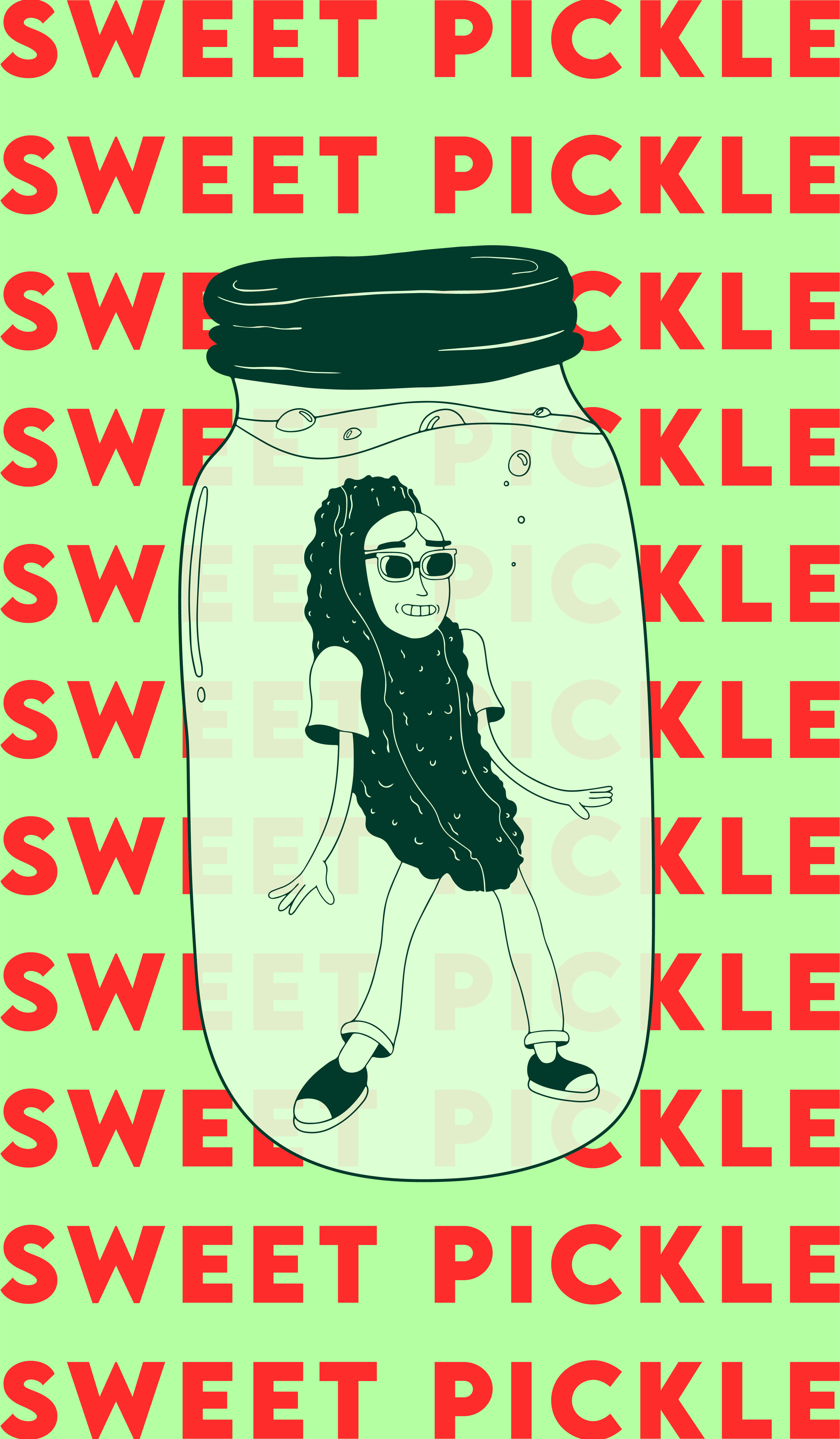 An illustration of a girl with long curly hair and sunglasses inside a jar of pickles. The background has a repeating pattern of the words ‘SWEET PICKLE’ in red.