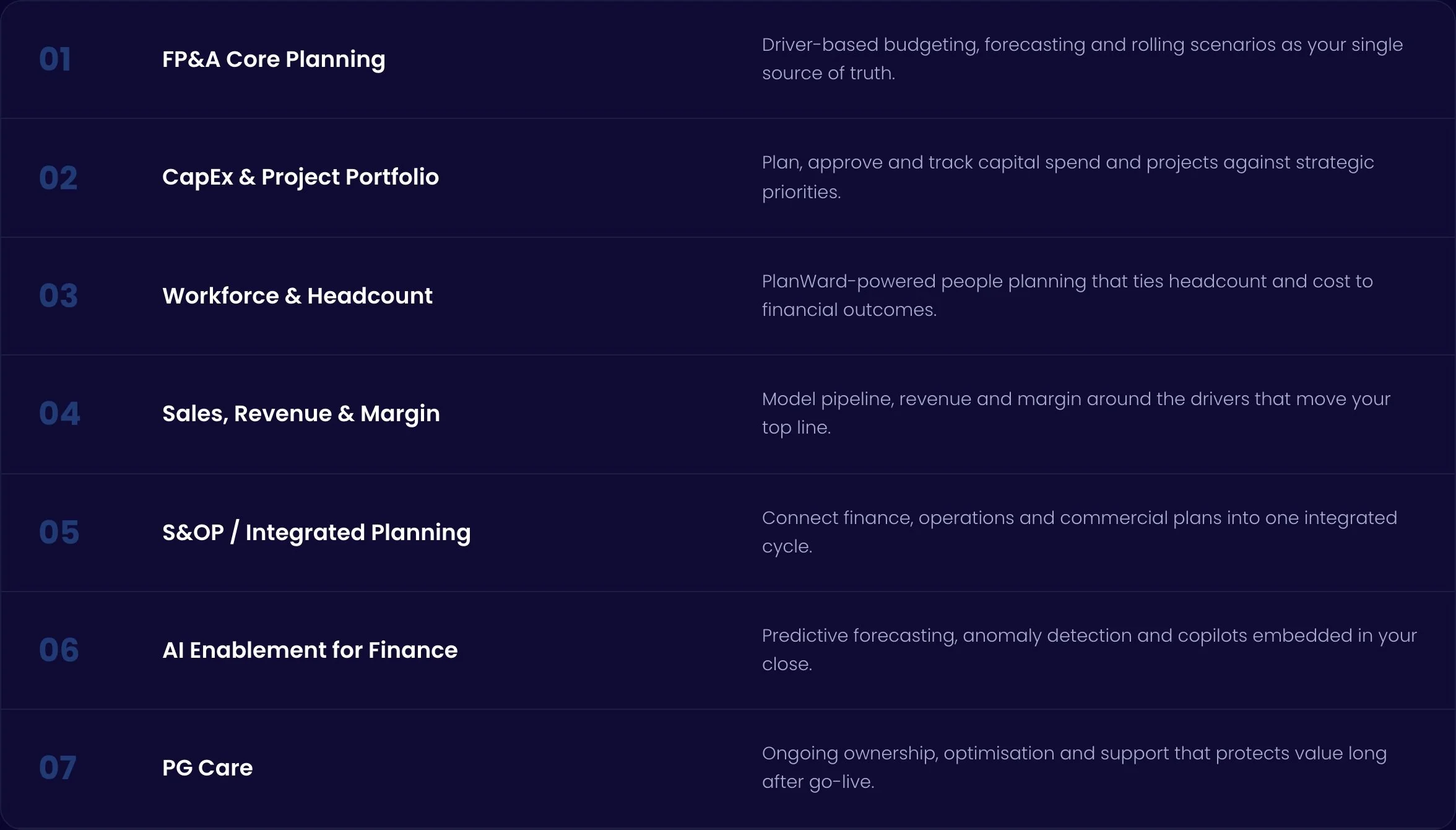 List of strategic planning categories, numbered 01 through 07. Categories include FP&A Core Planning, CapEx & Project Portfolio, Workforce & Headcount, Sales, Revenue & Margin, S&OP / Integrated Planning, AI Enablement for Finance, and PG Care, each with a brief description.