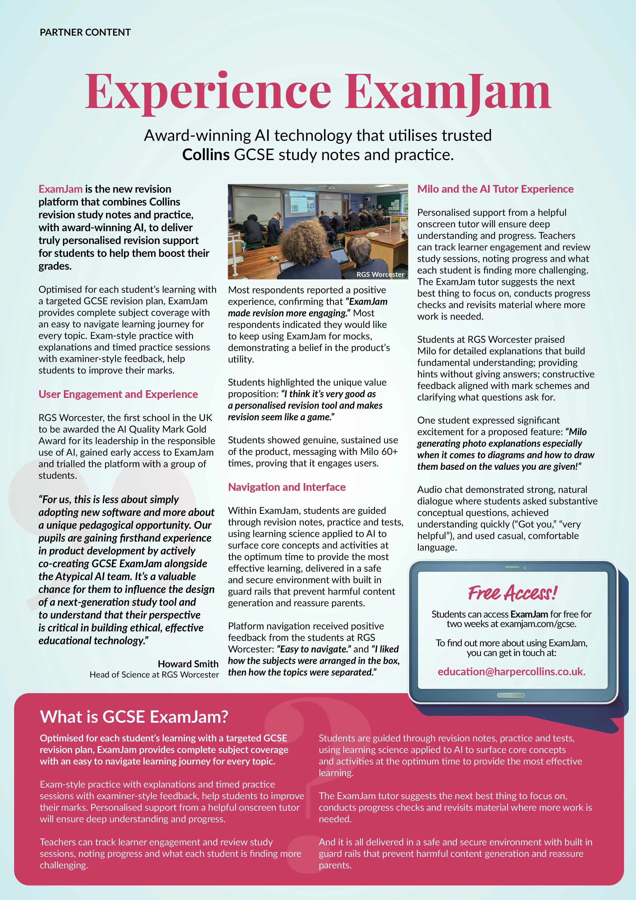 Flyer for ExamJam, a GCSE revision platform using AI, with text sections, quotes, and a photo of students in a classroom working on laptops.