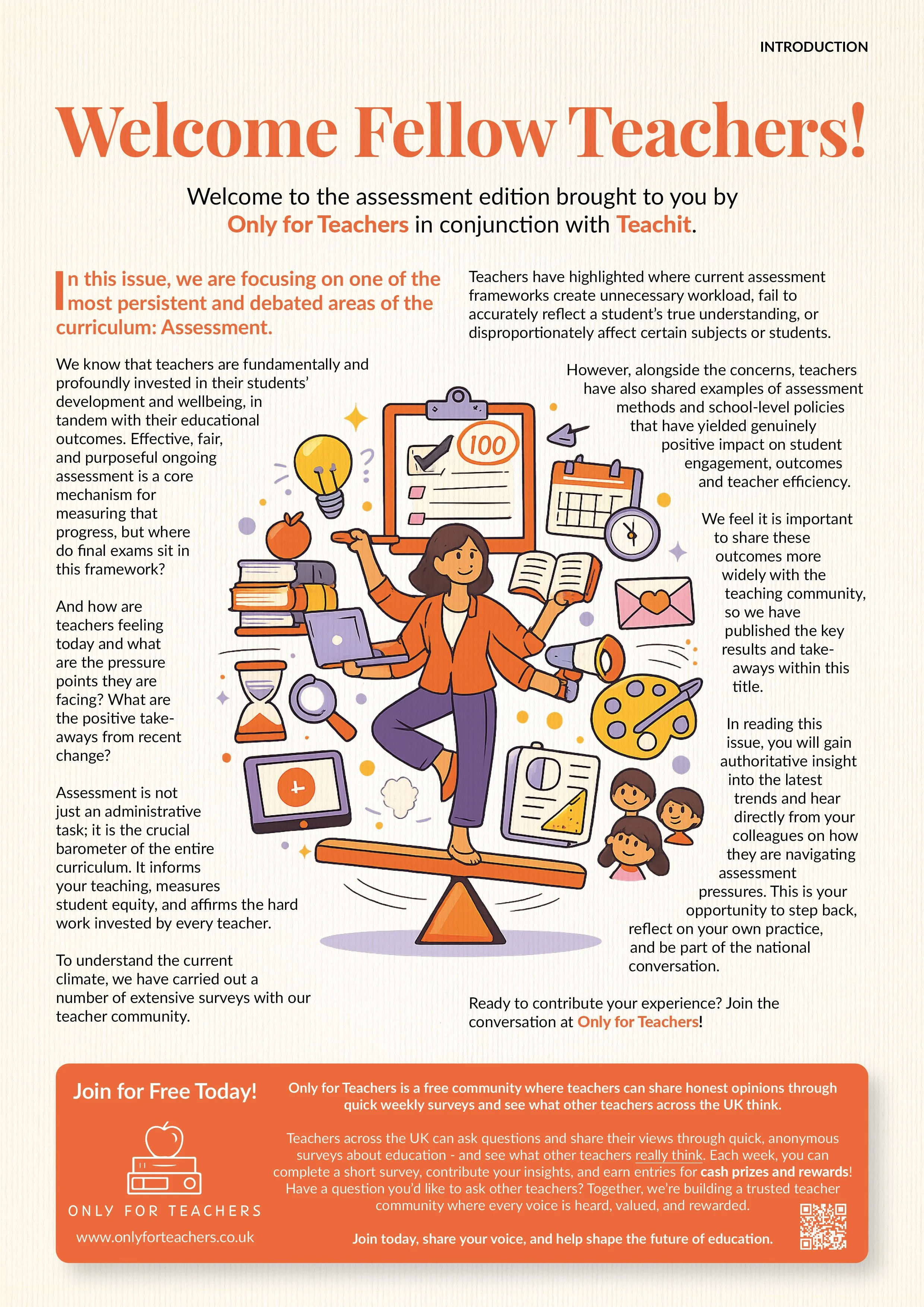 A colorful informational flyer welcoming teachers, discussing assessment in education, and promoting the Only for Teachers community. Illustrated with a woman balancing books, a laptop, and a megaphone, surrounded by educational icons such as a light bulb, book, and calendar.