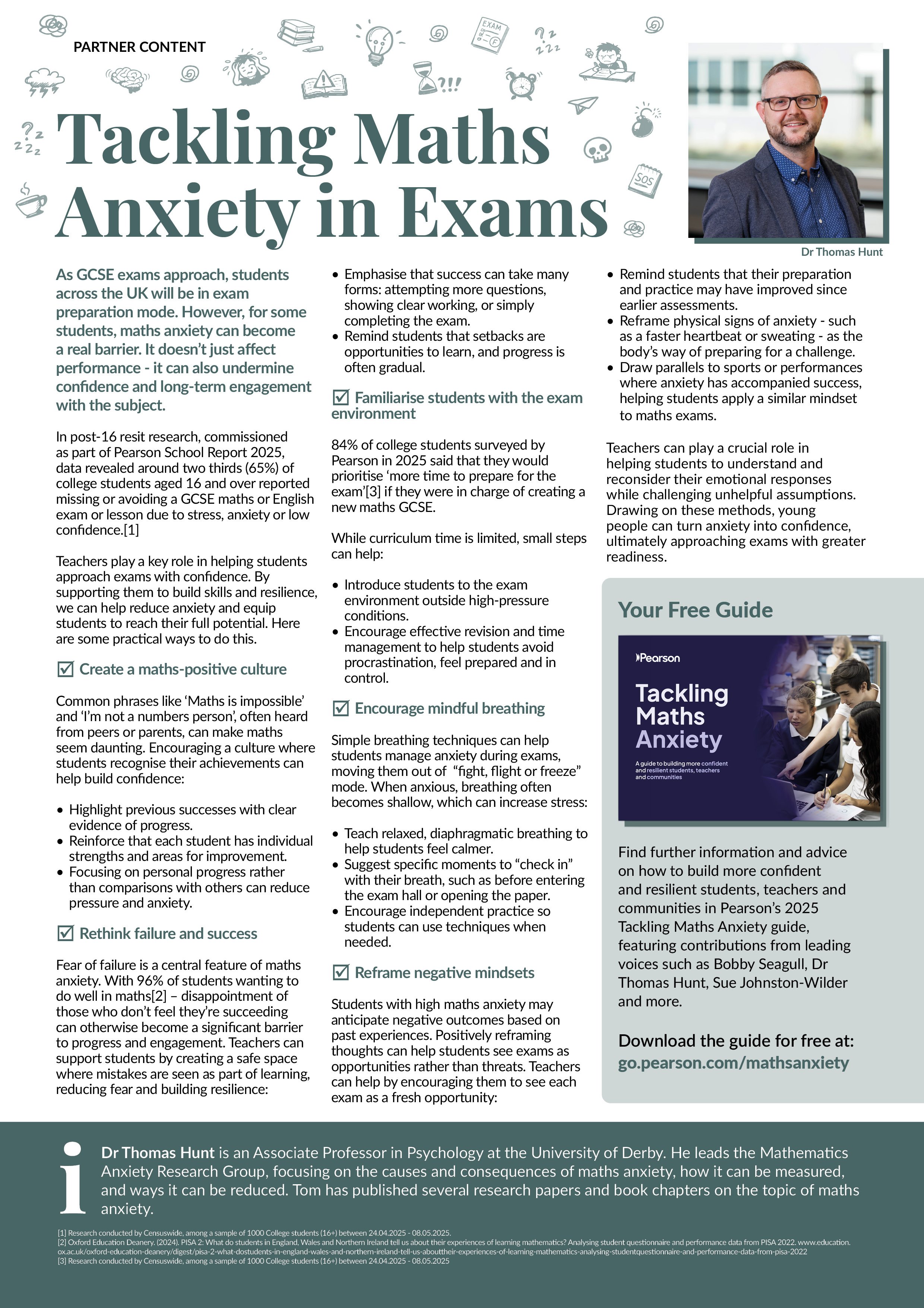 Informational poster titled 'Tackling Maths Anxiety in Exams' with advice for students and teachers, and a photo of a man in glasses and a suit.