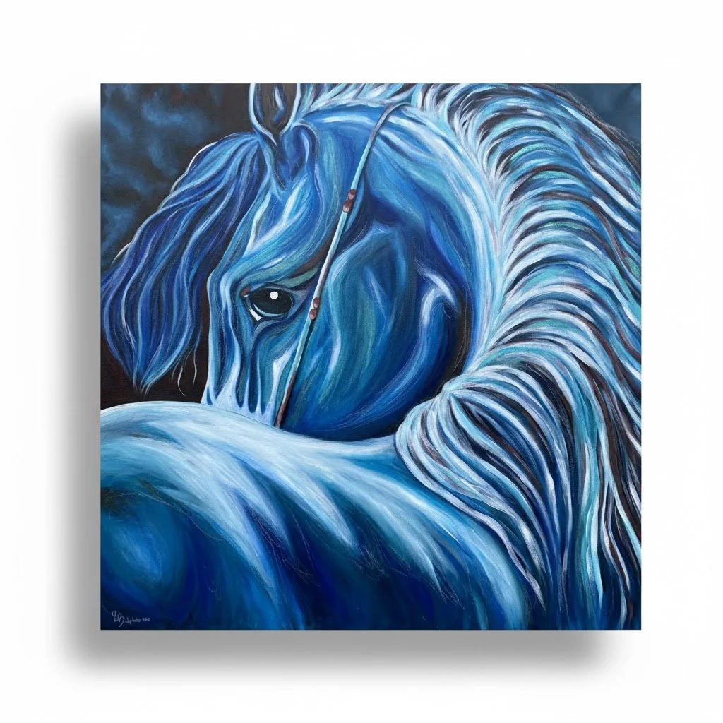Ein Gemälde eines blauen Pferdes mit fließendem Mähne, das in einem künstlerischen Stil gemalt ist.