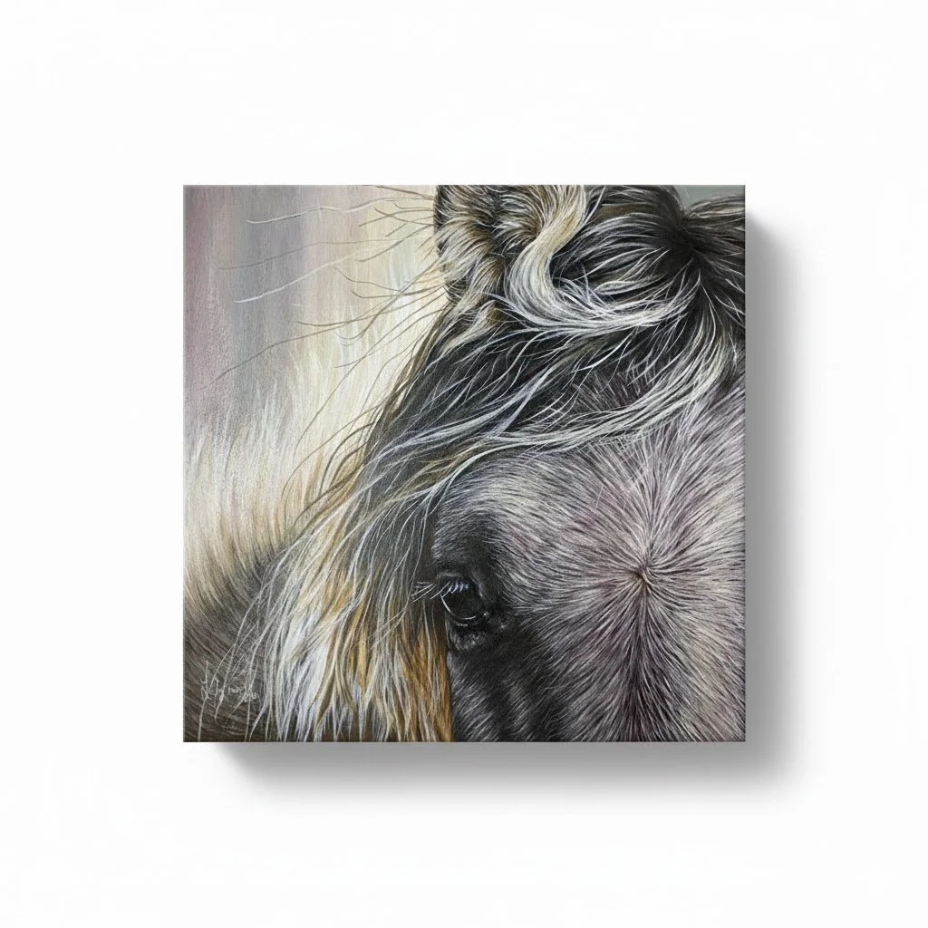 Nahaufnahme eines porträtierten Pferdes mit detailliertem Fell und Mähne.