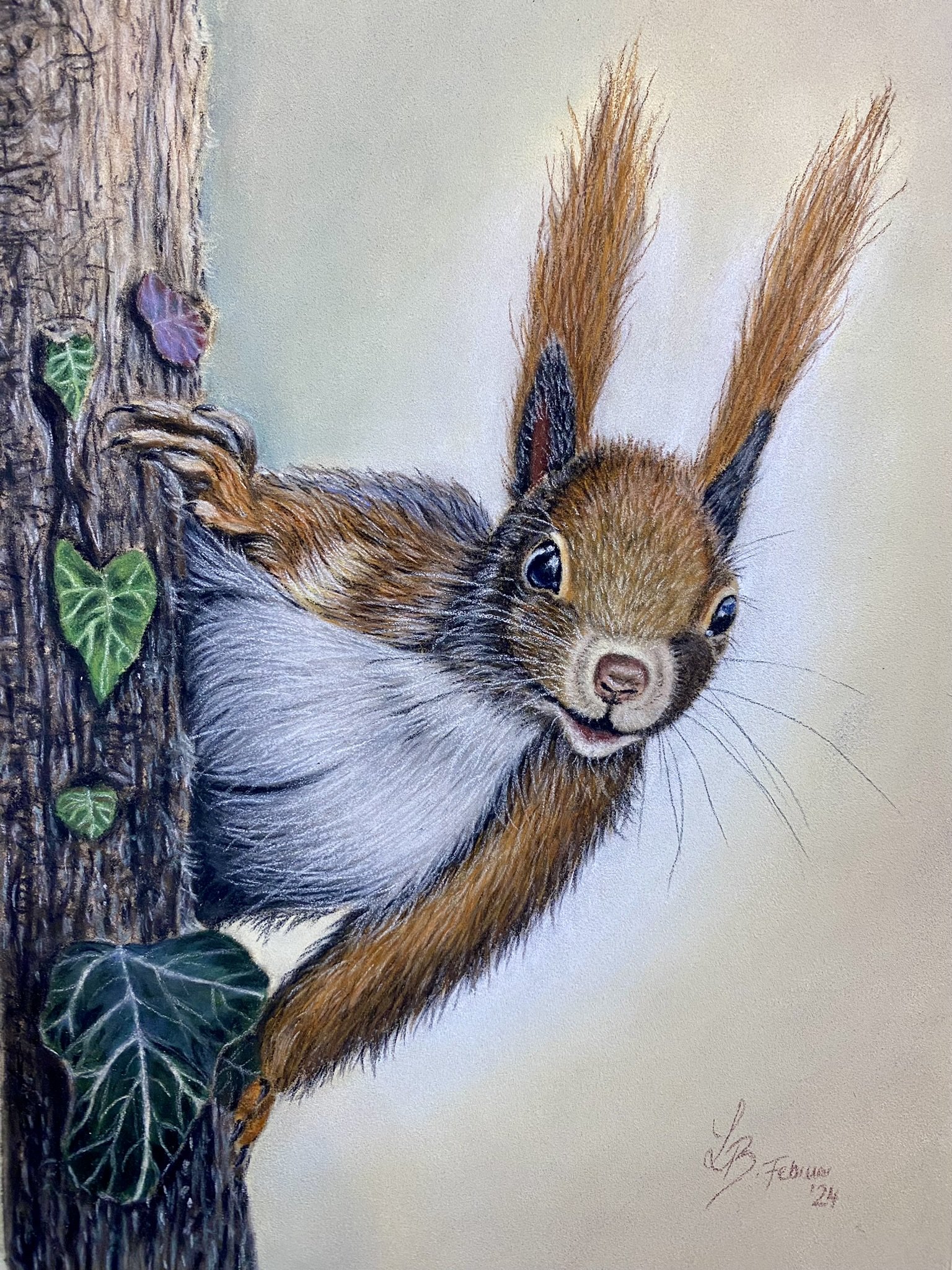A colorful drawing of a squirrel peeking around a tree with green leaves, with a beige background.