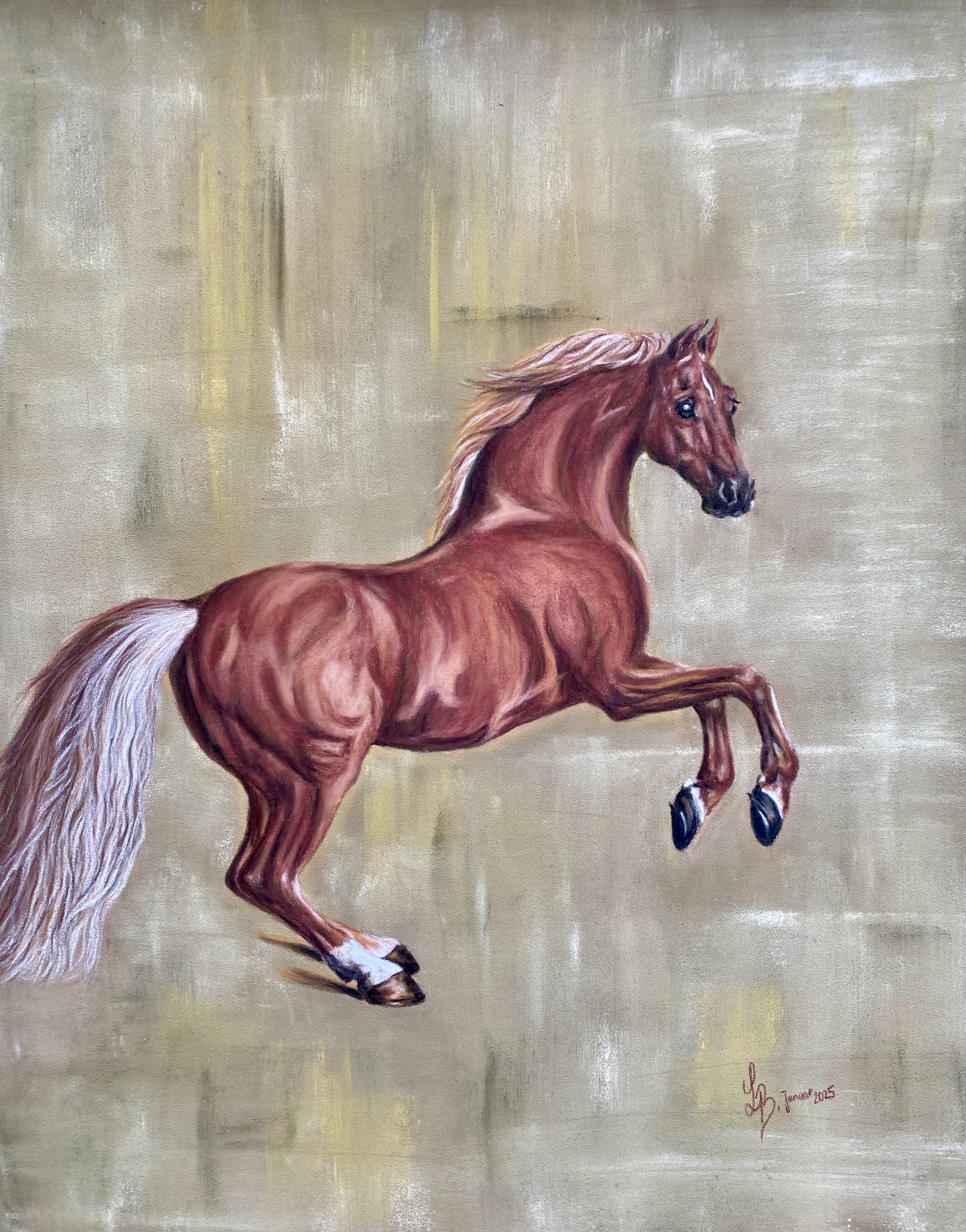 Gemaltes Bild eines braunen Pferdes, das in der Luft springt, mit einem beige-braunen Hintergrund.