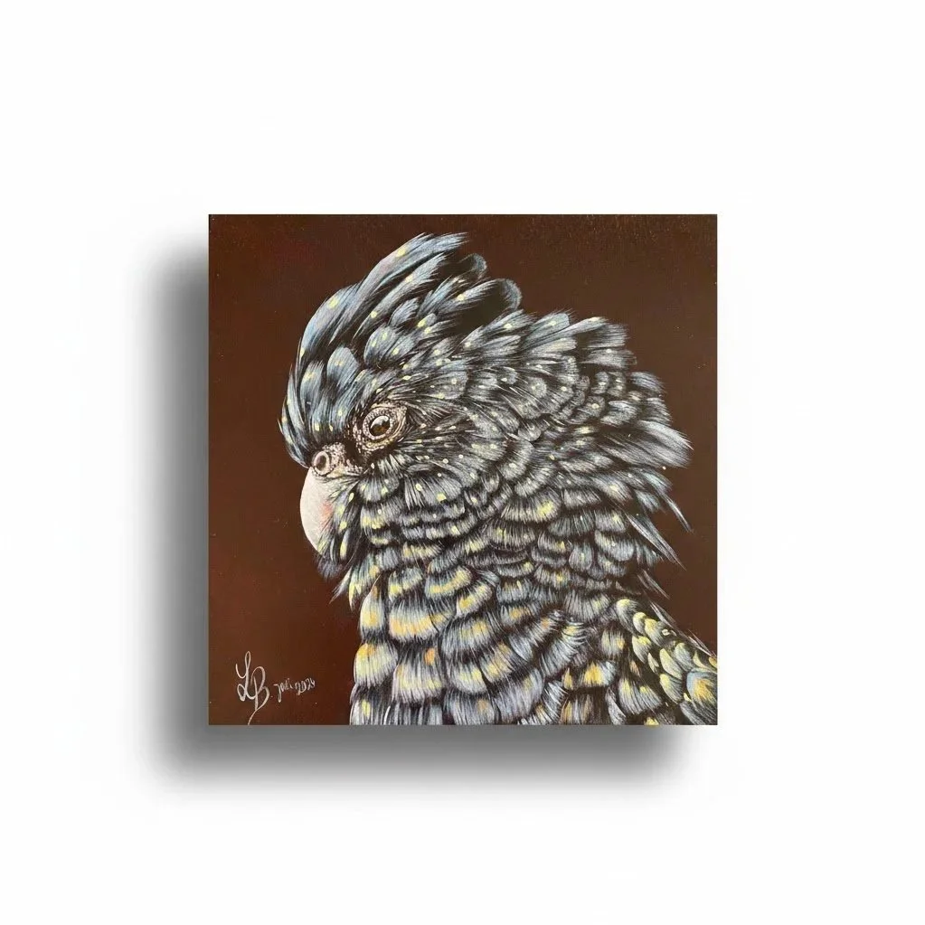 A detailed digital painting of a black and yellow parrot with intricate feather patterns on a dark background.