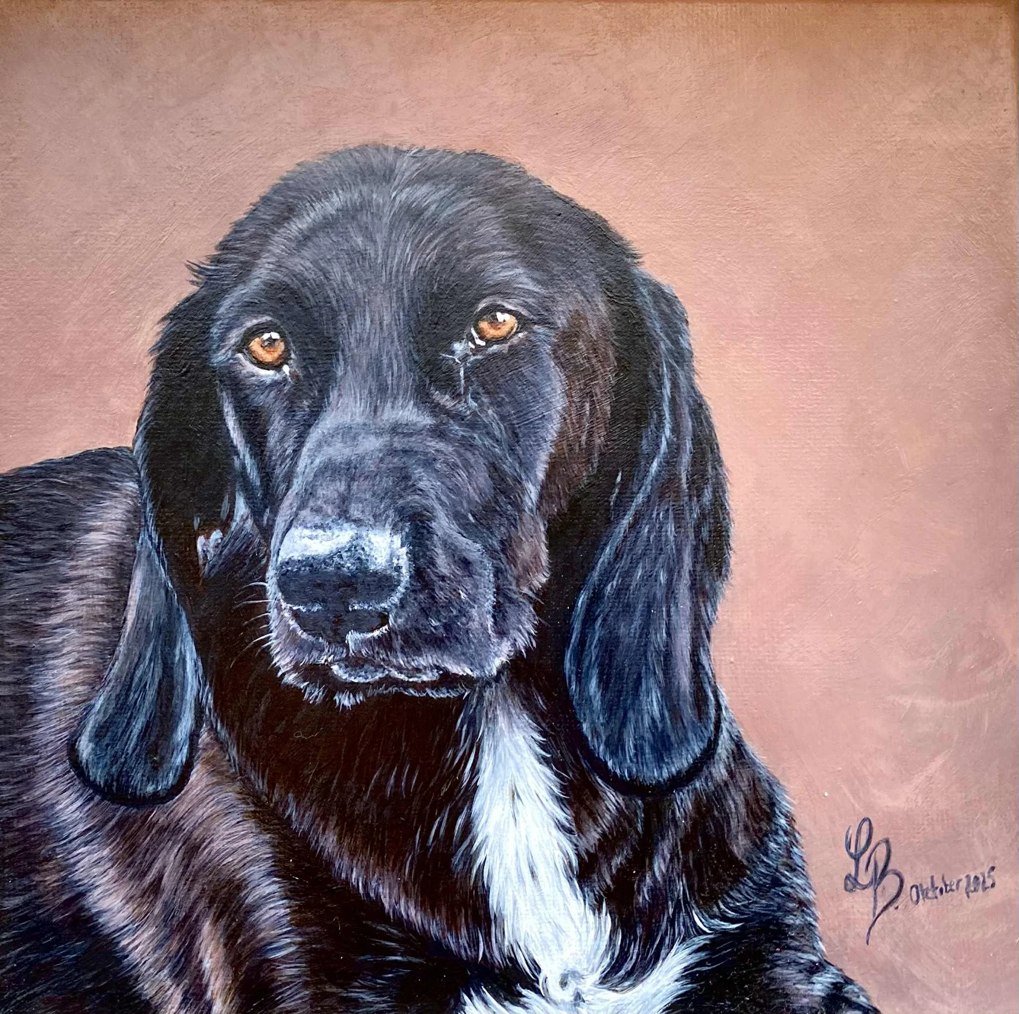 Porträt eines schwarzen Hundes mit langen Ohren auf einem braunen Hintergrund, realistische Malerei