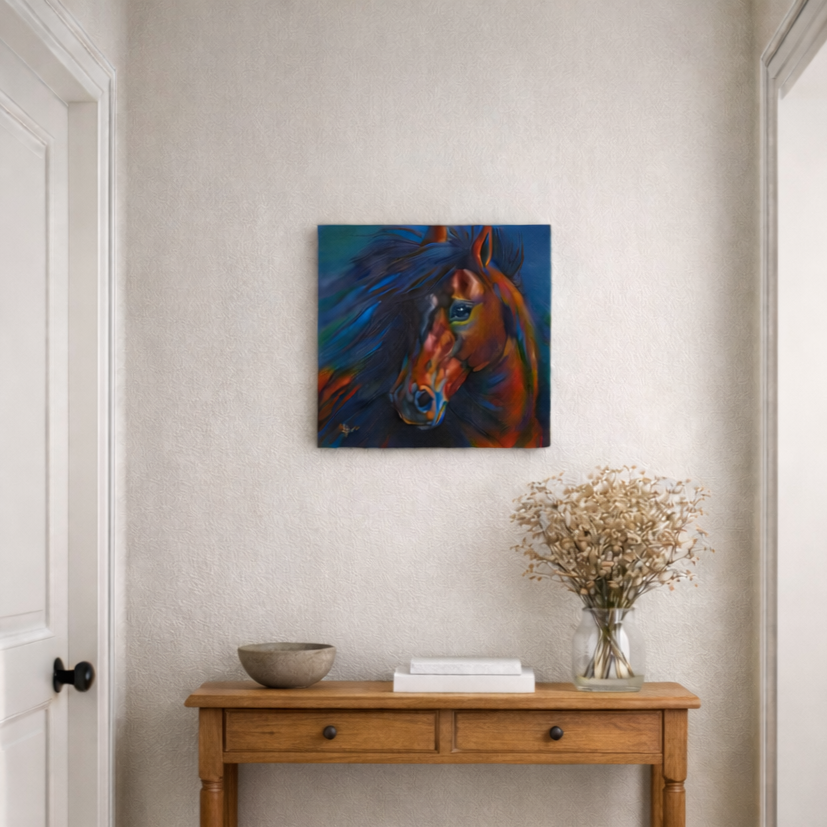 Ein Wandbild eines bunt gemalten Pferdekopfes in einem Flur, darunter ein Holzkonsole mit einer Vase voller getrockneter Blumen, ein Stein-Schale und ein paar Bücher.