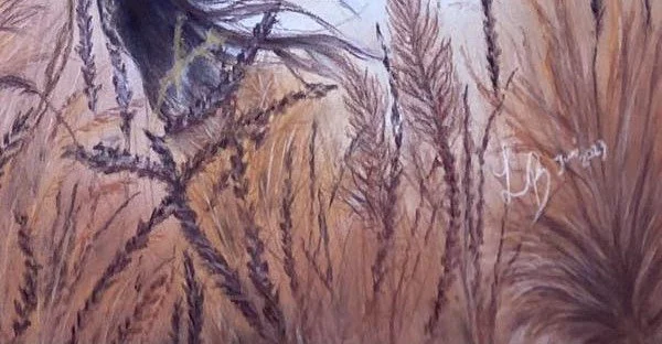 Aquarellgemälde einer Grasebene mit Gräsern und Zweigen, im Hintergrund ein eingekreistes Haus.