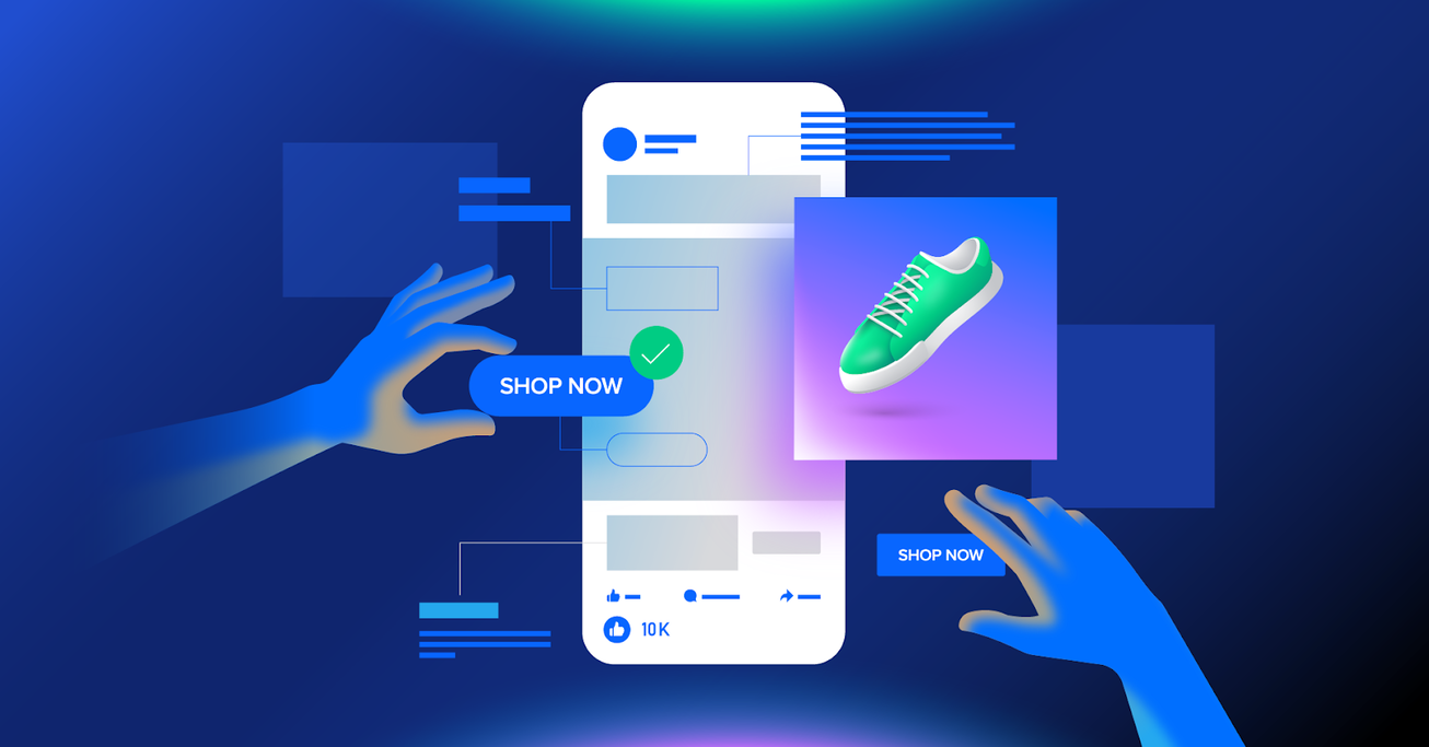 Digital illustration of online shopping with a mobile interface featuring a green sneaker and 'Shop Now' buttons, on a dark blue background.