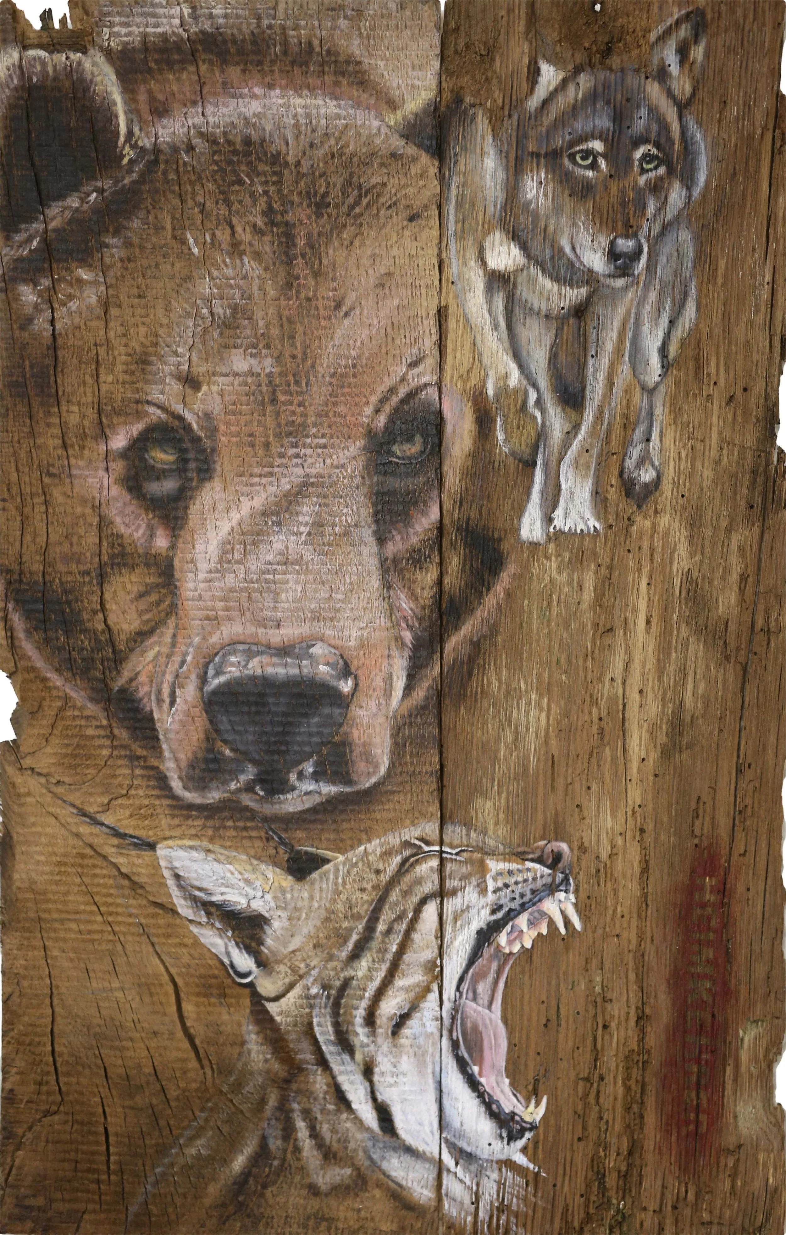 Bär, Wolf und Luchs Trio auf dunkles Altholz gemalt mit Öl