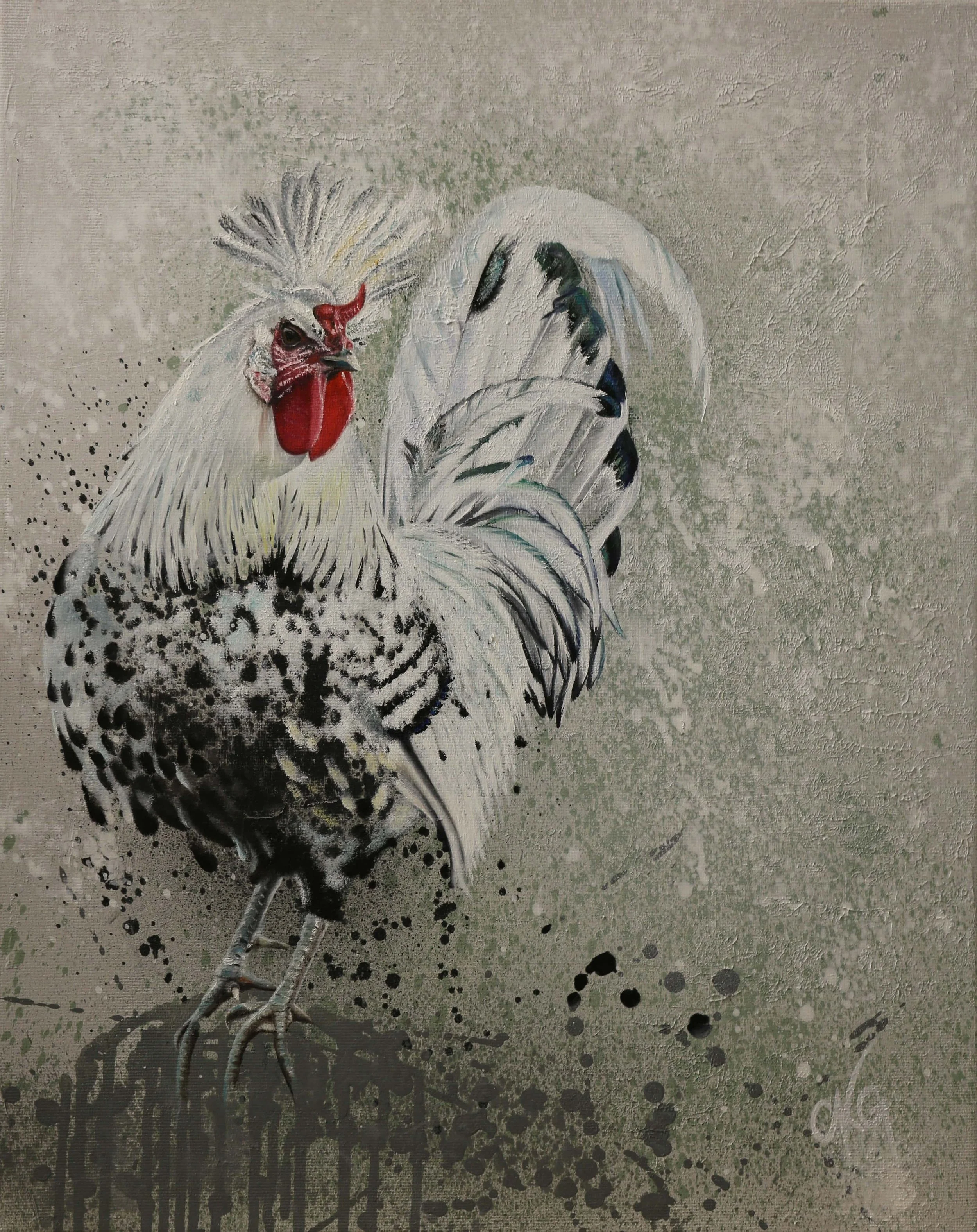 Appenzeller Spitzhauben Huhn, weiss mit schwarzen Punkten auf Stein