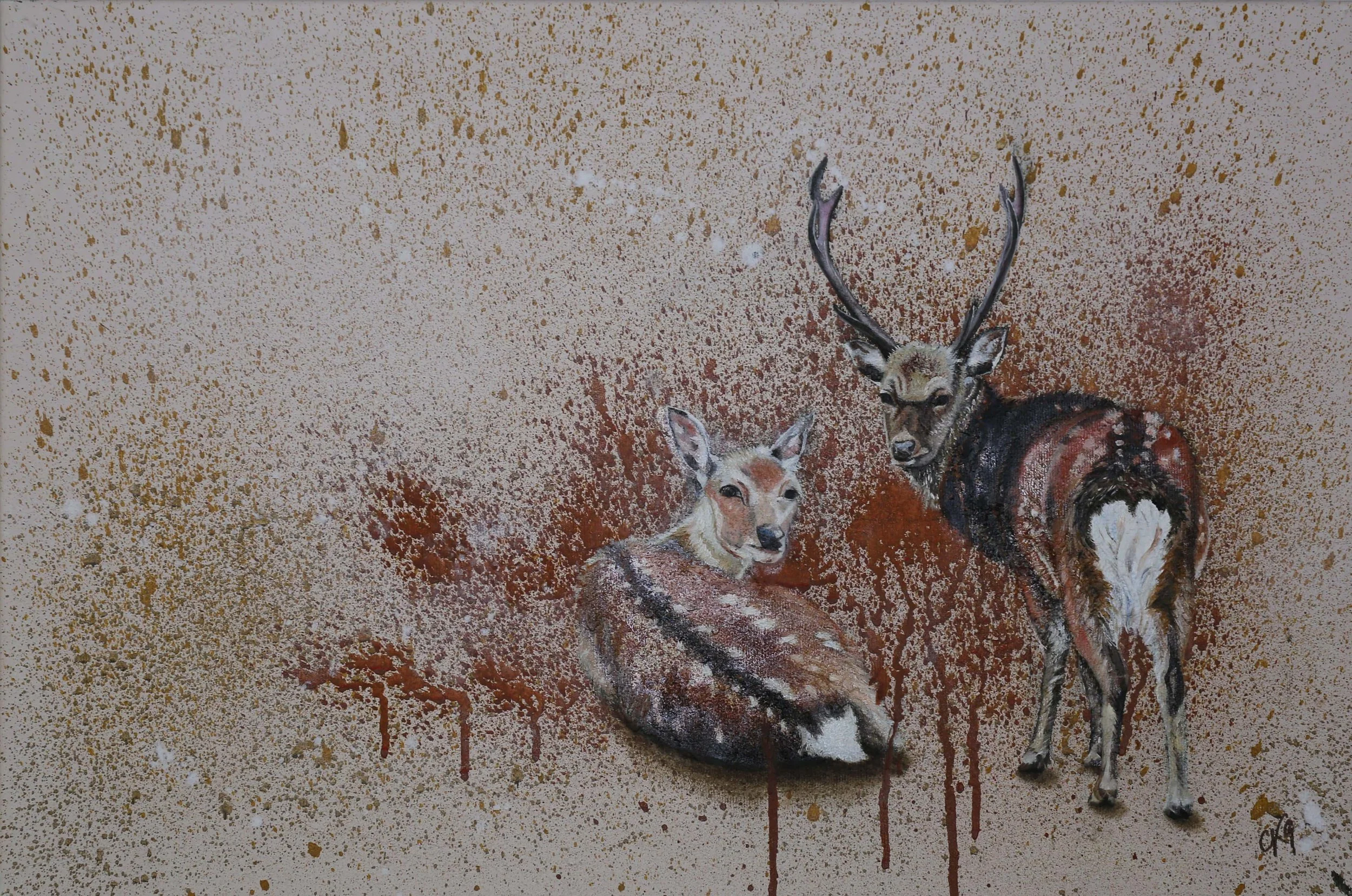Sika Hirsch, Reh, Wild, Gemälde, gemalt